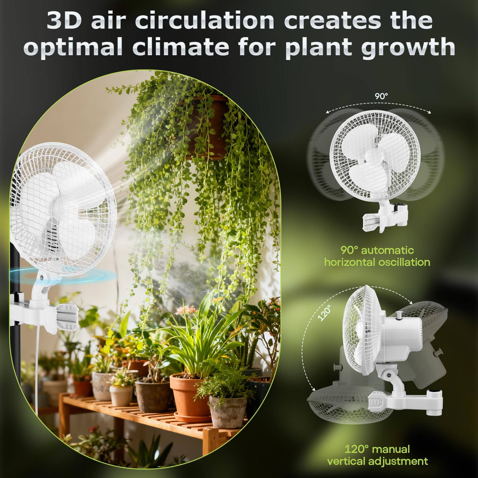 Grow Ventilator mit Clip 25W, Grow Ventilator Oszillierend mit 3 Geschwindigkeitsstufen, 2200 U/min, 20cm Klein Umluftventilator leise, ventilator für Growzelt, Zuhause im Schlafzimmer