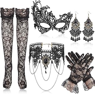 5PCS Gothic Halloween Vampire Jewelry Set, Black Lace Masquerade Jewelry, Choker Necklace Mask Gloves Earrings Fishnet Stockings, Lace Choker with Earrings for Halloween Vampire Masked Ball