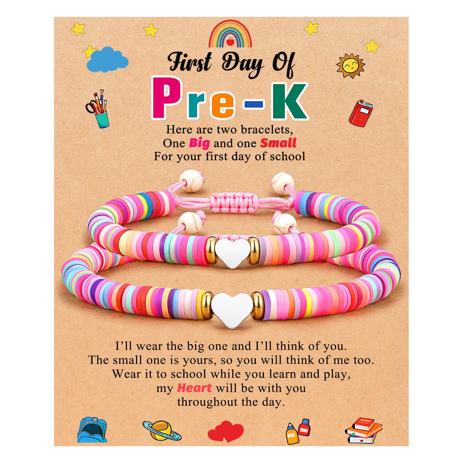 First Day of Kindergarten/Pre K/School Mother Daughter Bracelets Matching Heart Wish Bracelet Set for 2 Gifts