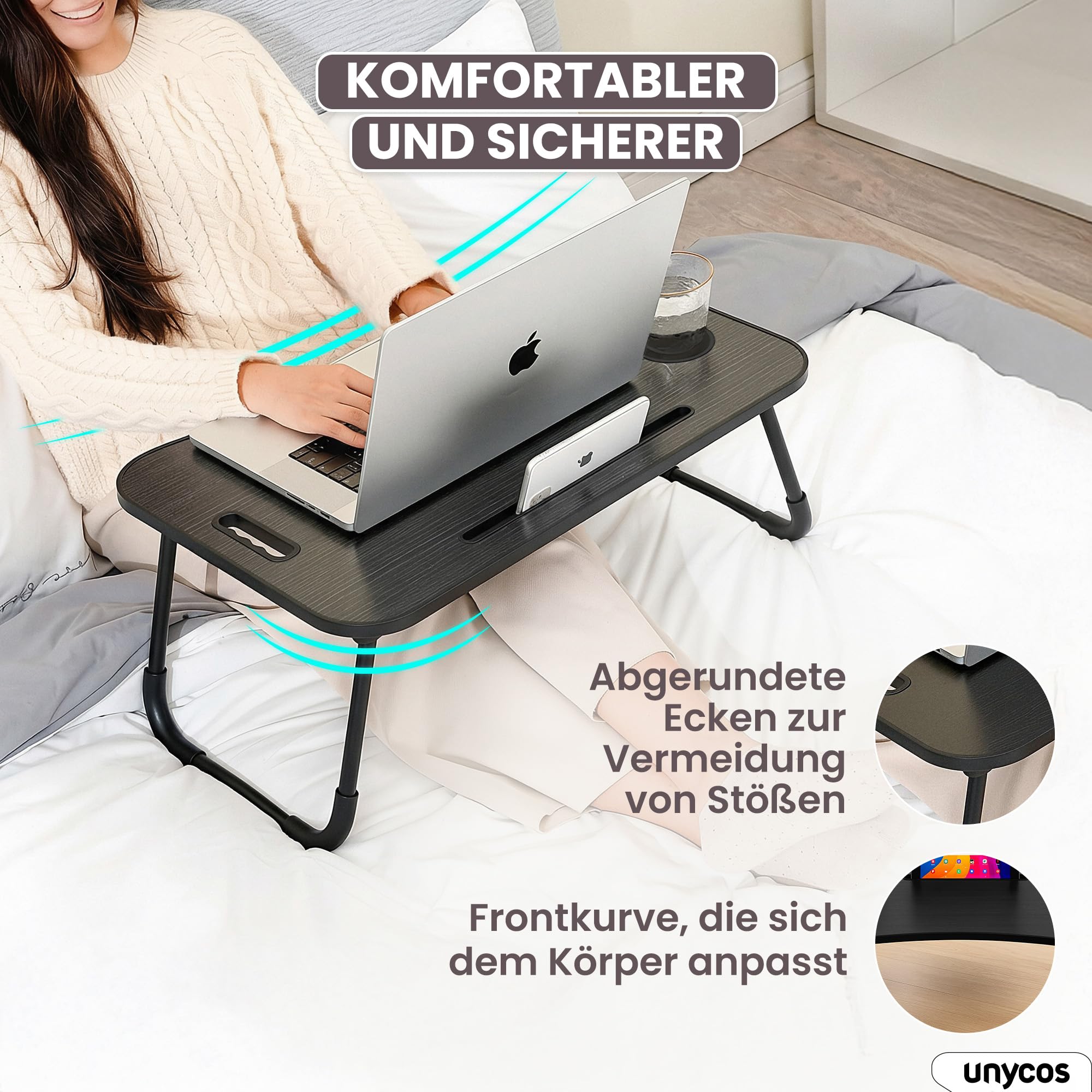unycos - Betttablett Klappbar, Frühstückstablett mit Griff und Getränkehalter, Serviertisch, Ideal für Lesen und Arbeiten, Auch als Lapdesk Verwendbar 60x40x26 cm (Schwarz Neu ohne Schublade)