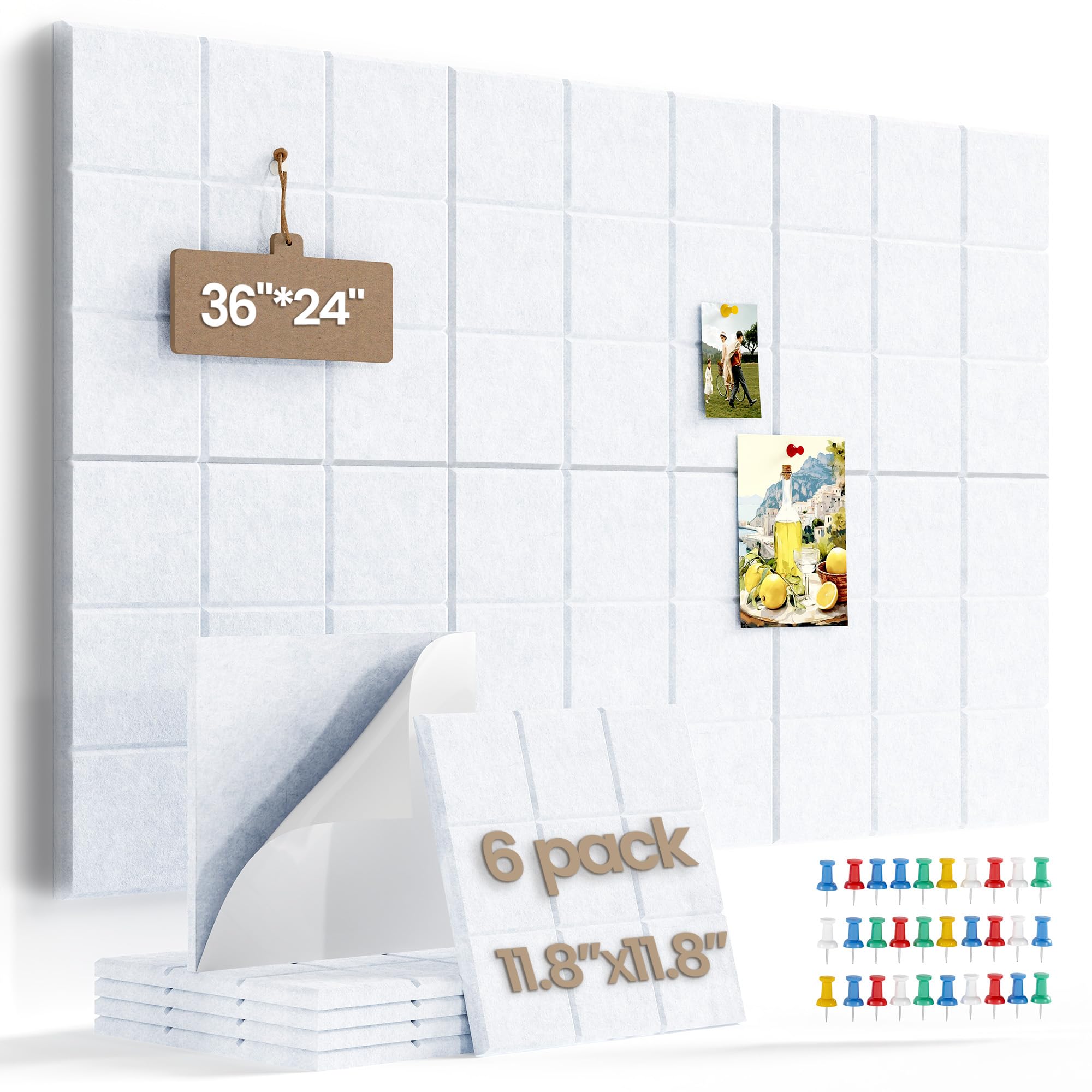 Uoisaiko Large Cork Board Felt Board Tiles for Walls with 30 Push Pins, 11.8"x11.8" Pack of 6 Pin Board Notice Boards for Home Office Kitchen,