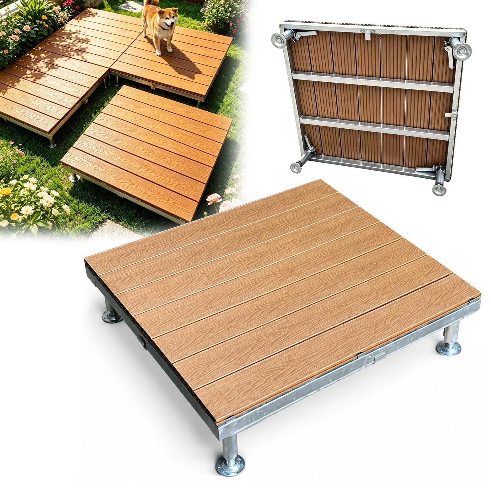 Piattaforma Rialzata In WPC Con Piastrelle In Composito Impermeabile | Modulare regolabile ad incastro per esterni, Pavimentazione per giardino, patio, prato(Light brown)