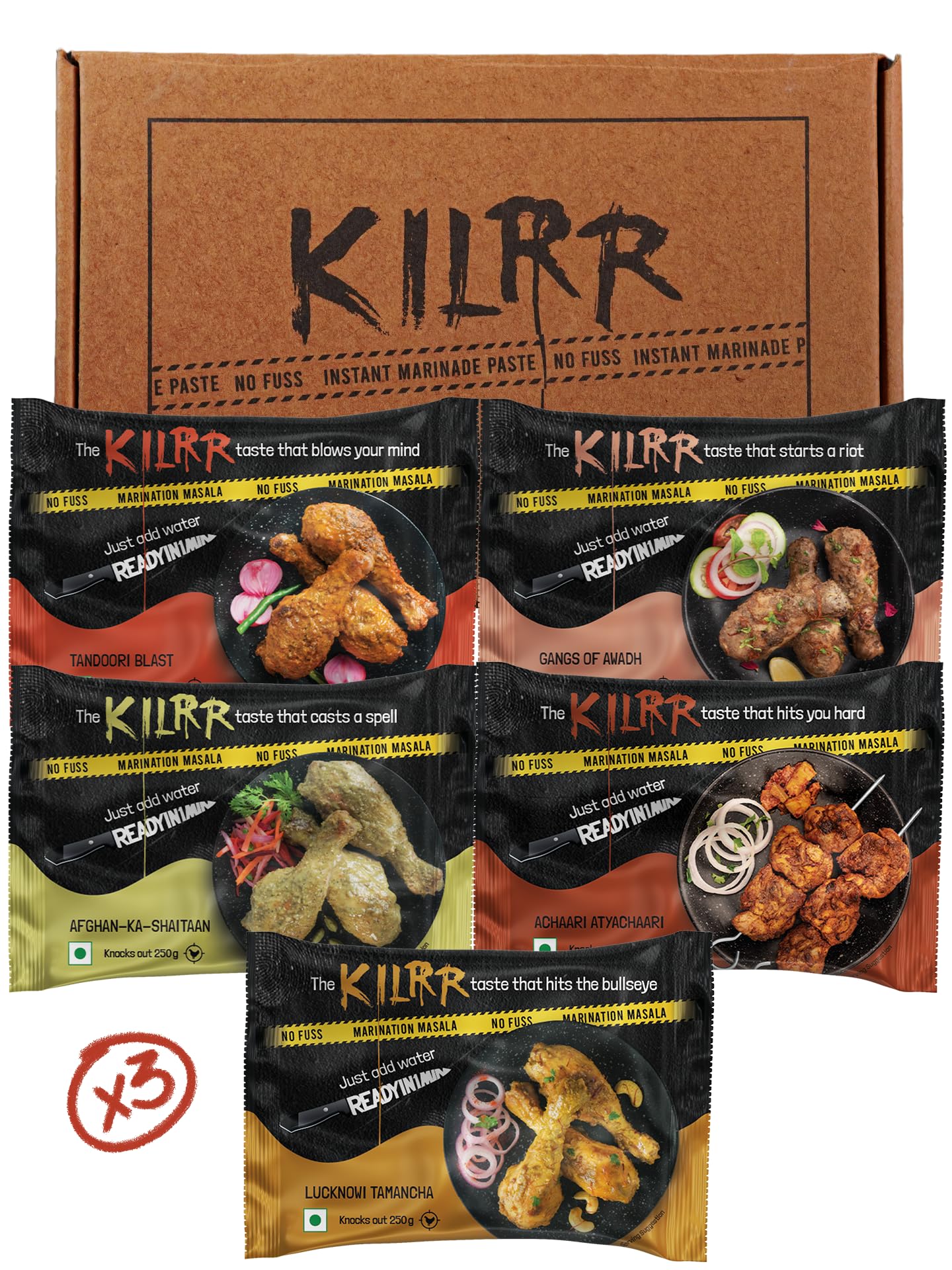 KILRR Chicken Marination Masala Pack of 15 (5 Flavours x 3) | Marinates 250g Chicken per Pack | 1- Min Killer Marinade for Tikka, Tandoori Chicken | Just Add Water & Oil | All-Natural, No Preservatives or Additives | Killer Gang-picture-11