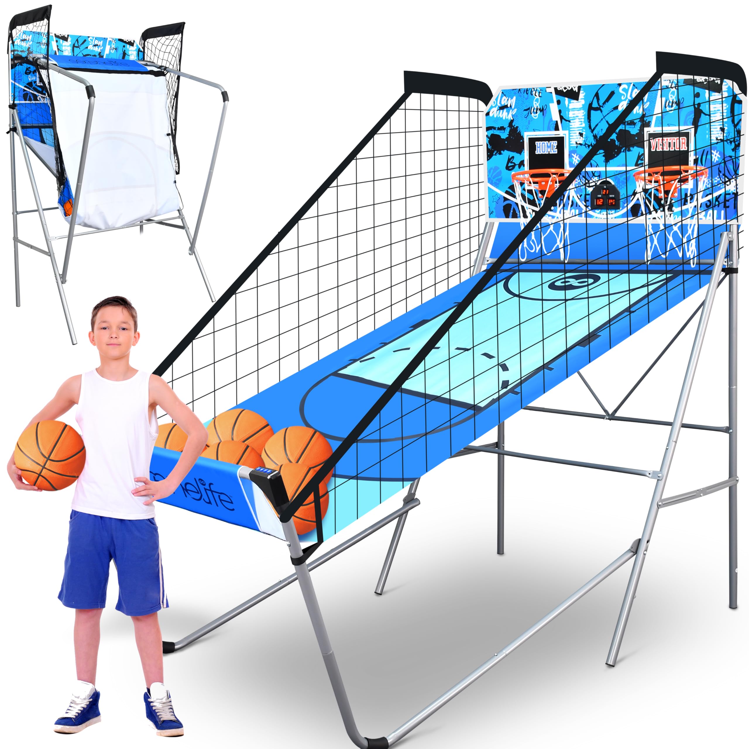 Heavy Duty Dual Hoop Basketball Shootout Indoor Home Arcade Room Game with Double Basket Ball Shot Scoreboard and Play Timer Fold-up for Kids and Adults Player with Pre-Assembled Frame