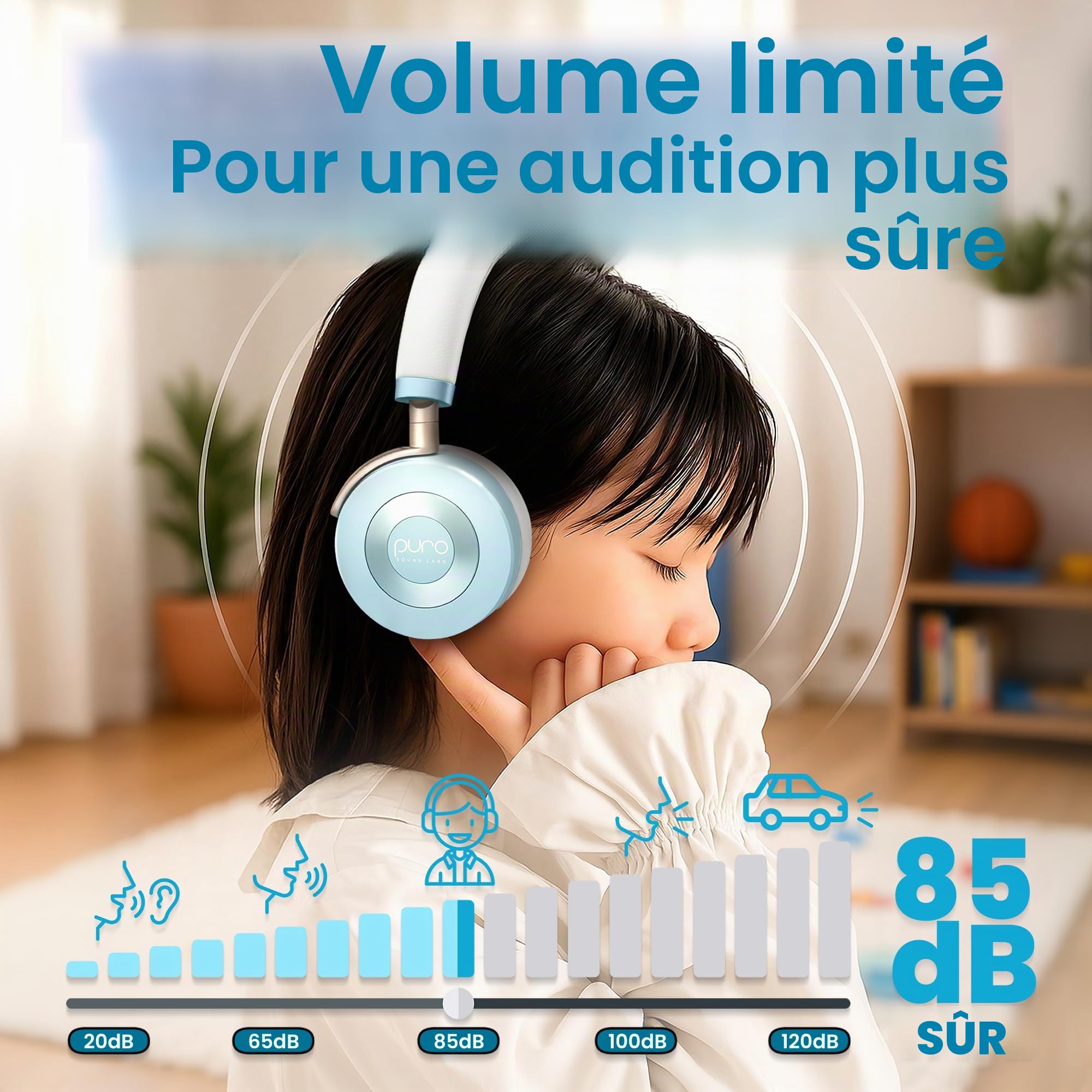 Puro Sound Labs Casque JuniorJam Plus avec limitation de Volume pour Enfants, Limite de 85 DB, Casque Bluetooth réglable pour tablettes, Smartphones, Ordinateurs - 22 Heures d'autonomie