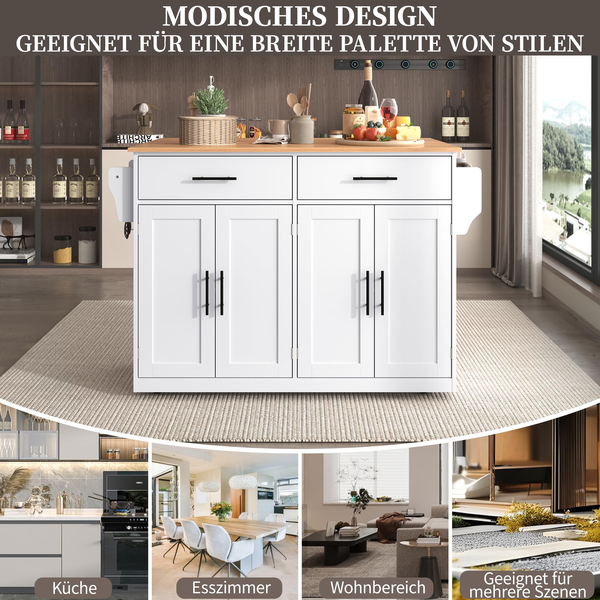 Isla Cocina con Ruedas y Encimera de Madera, Mueble Auxiliar de Cocina con 2 Cajones y 4 Puertas, Aparador Cocina con Estante Ajustable y Toalleros, 136x46(71) x91.5 cm, Blanco