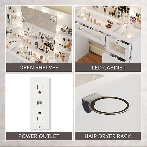 Miniatura 5 de Tocador blanco con espejo iluminado de 23.5 pulgadas, escritorio de tocador con parte superior de vidrio con 9 cajones y bombillas Hollywood de 3