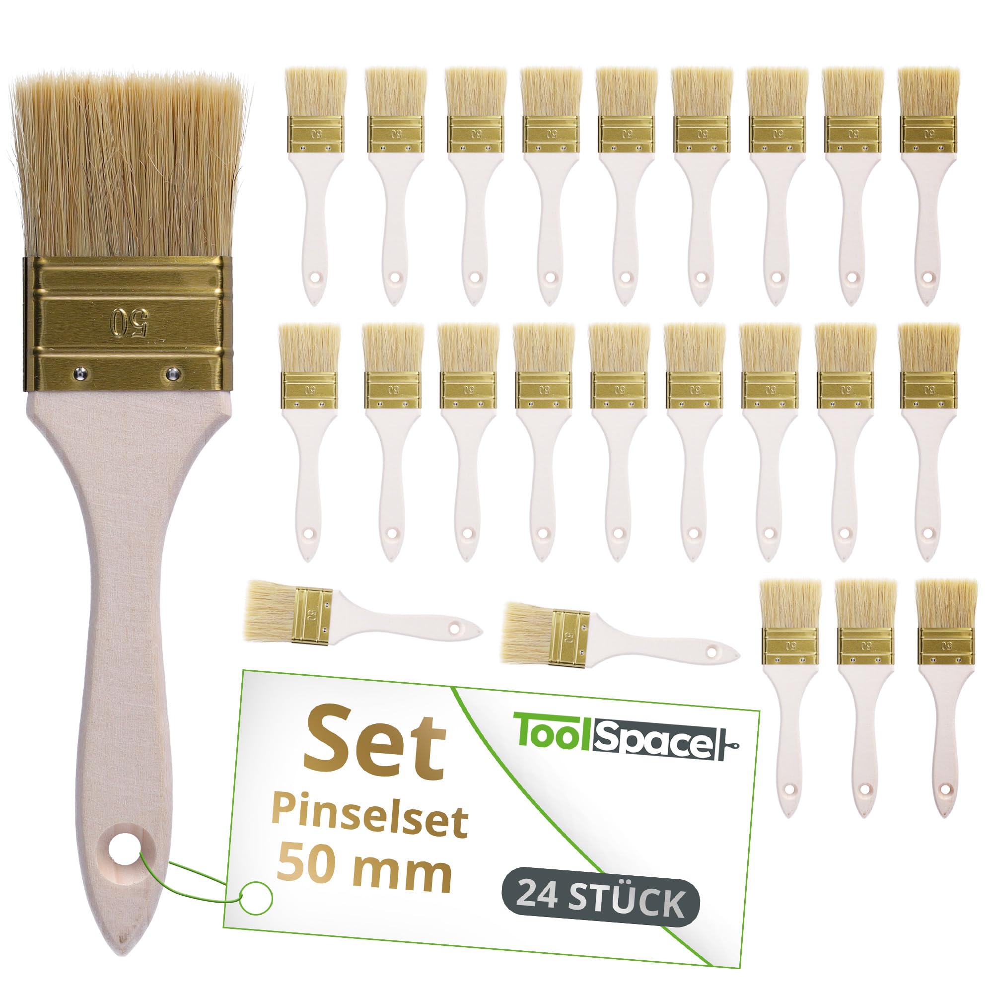 ToolSpace 24x Flachpinsel Set 50 mm Naturborsten Buchenholzgriff Lackpinsel