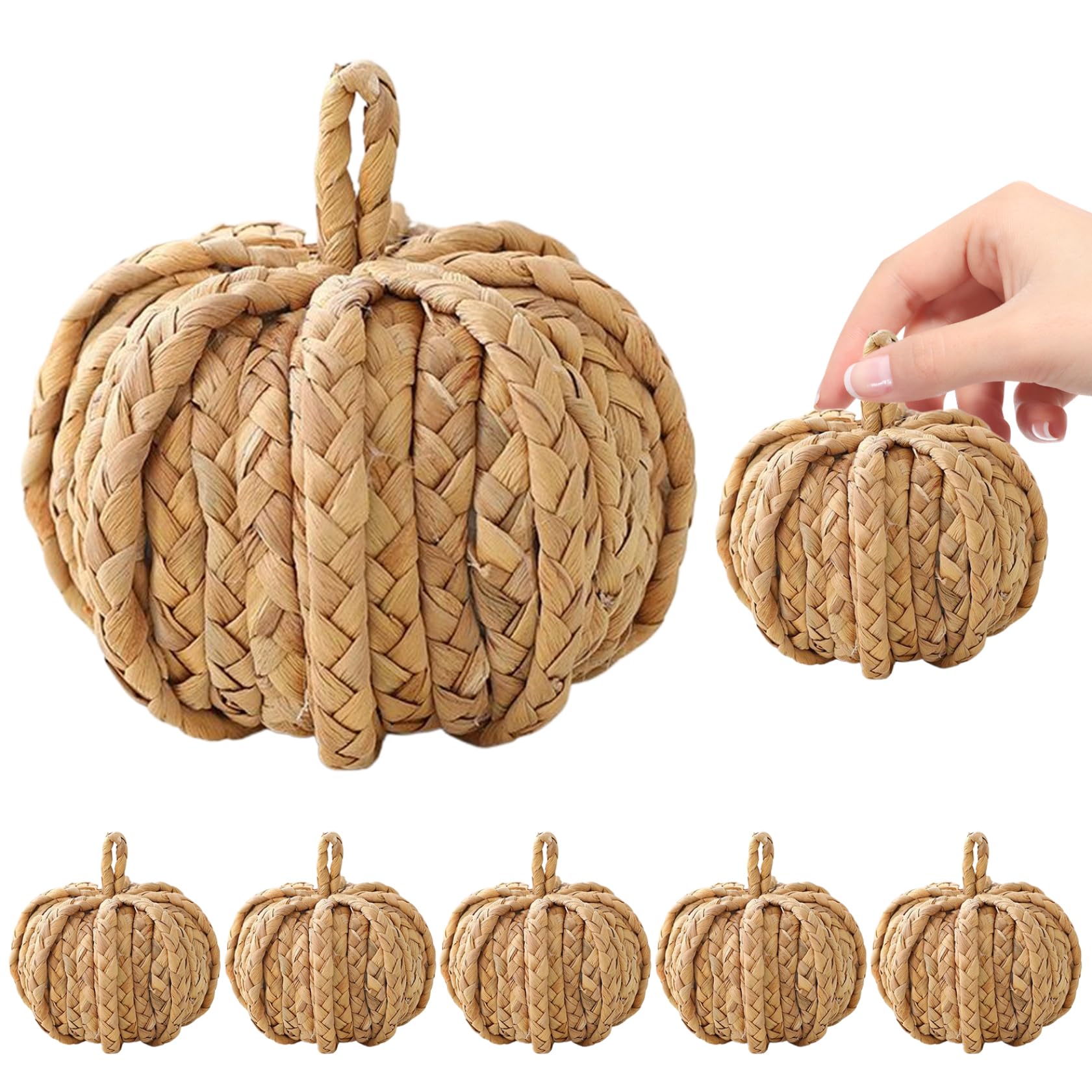Calabaza de ratán, 6 Piezas rústicas de Calabaza Tejida de 3, 9 Pulgadas, Calabazas Artificiales con Agujero para Colgar, Mini Calabazas Decorativas para otoño, Acción de Gracias, Halloween