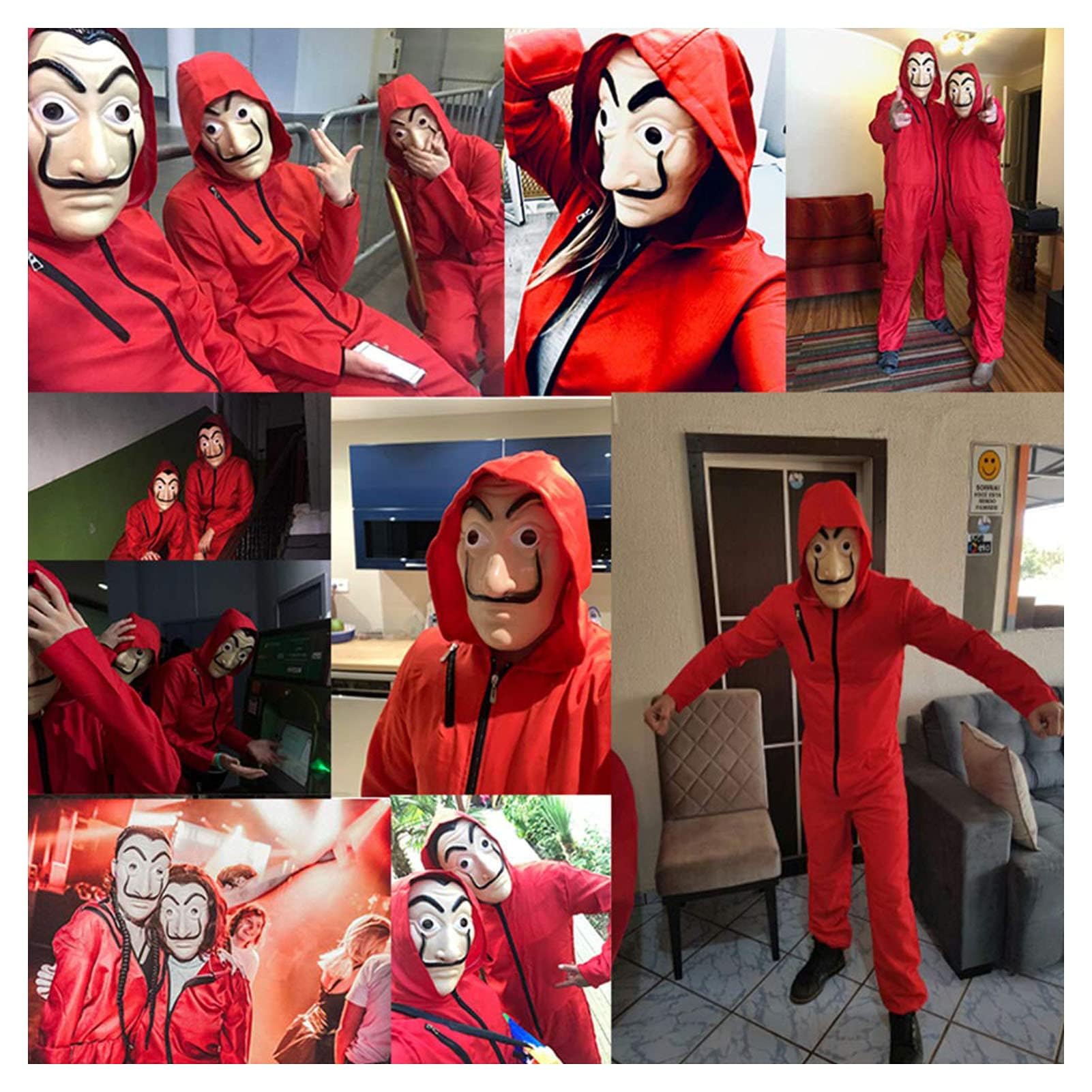Costume de carnaval, combinaison de voleur de banque pour Halloween, cosplay, rouge, à manches longues avec capuche, masque et mitrailleuse