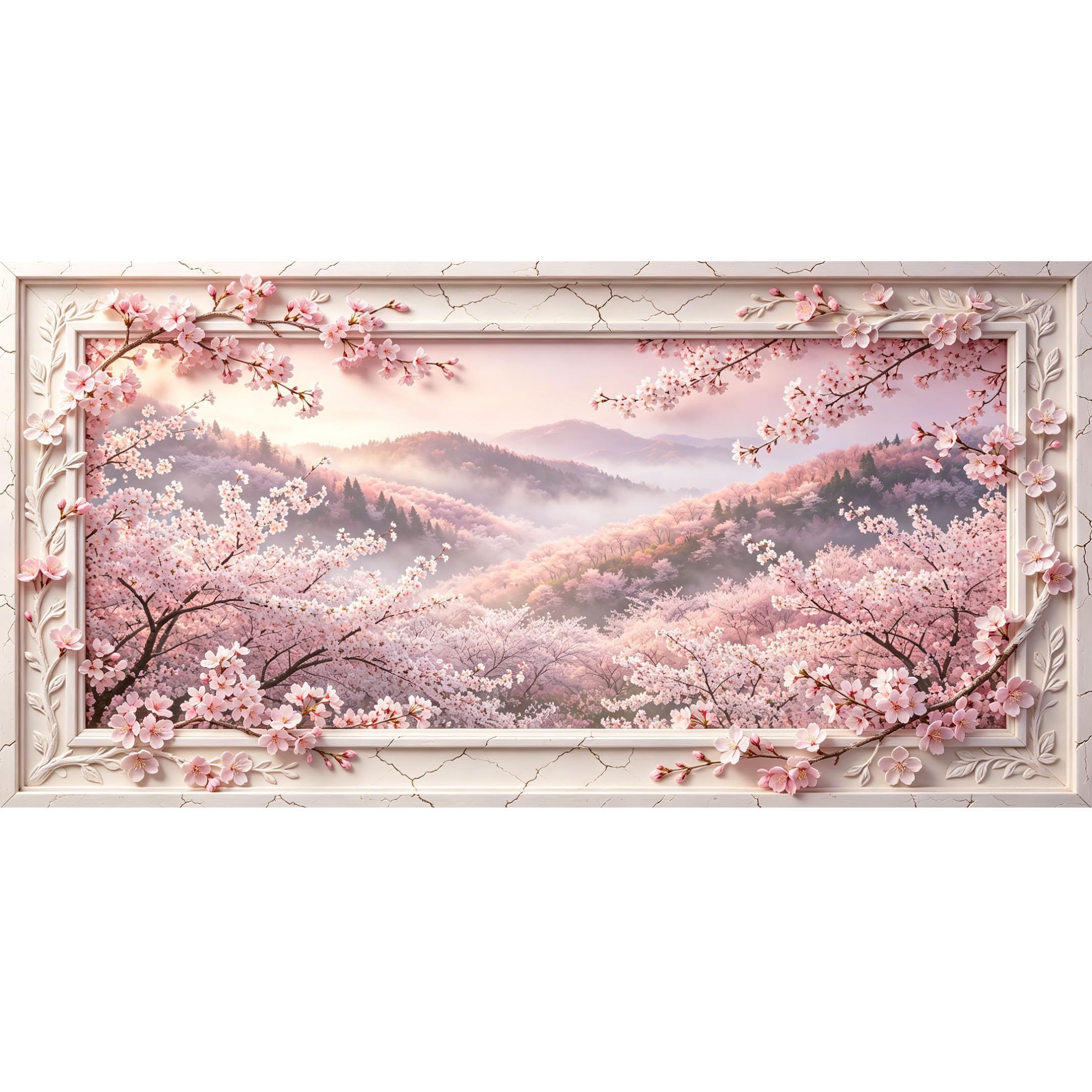 Agglomerix 3D Framed Wall Art Sakura Blossom Mountain Landscape Botanical Relief Effect Large Size SelfAdhesive Removable Wall Decor Prints Artwork for Living Room Bedroom Office