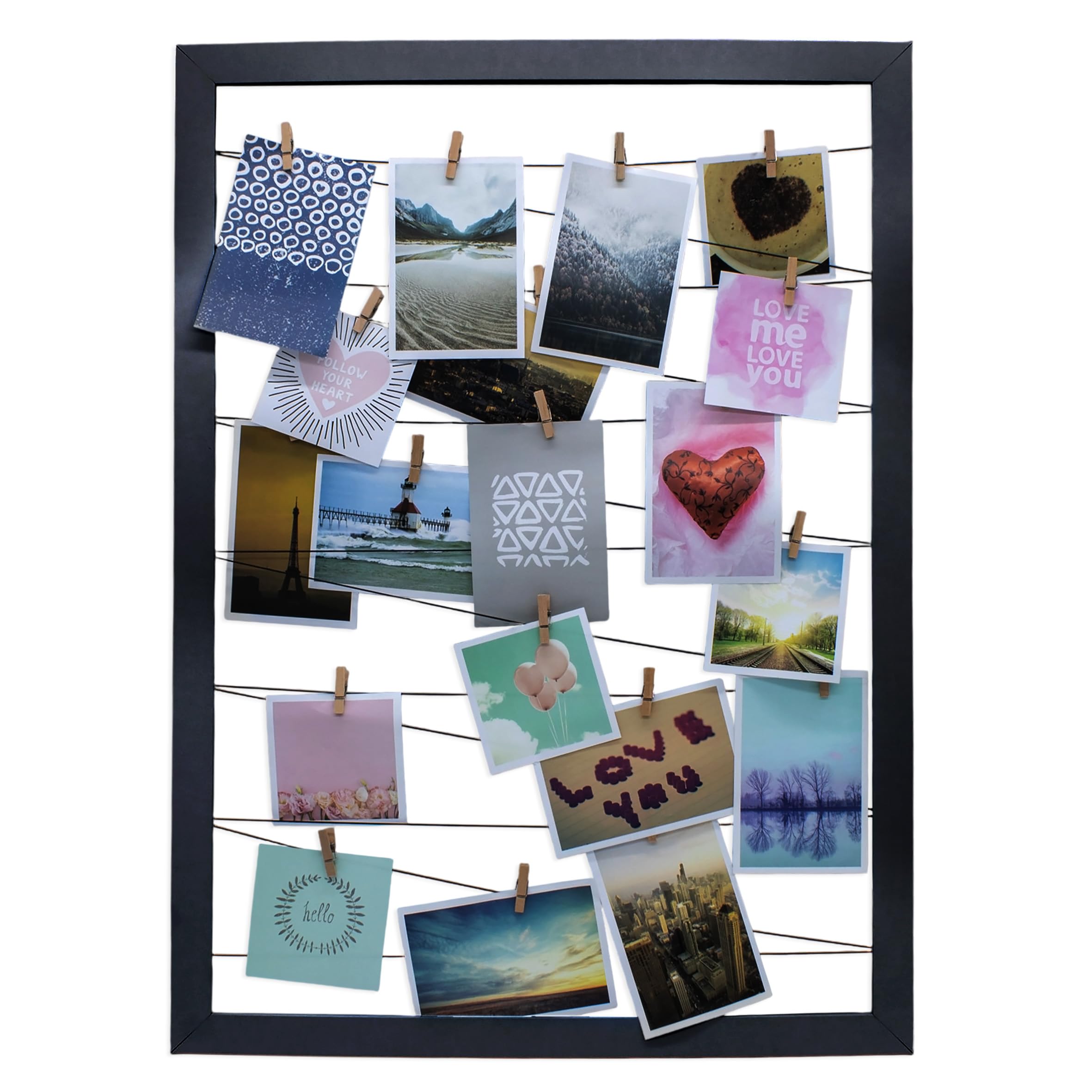 Spetebo - Portafoto con cornice in plastica, 75 x 55 cm, con fili in gomma e 20 mollette in legno Nero