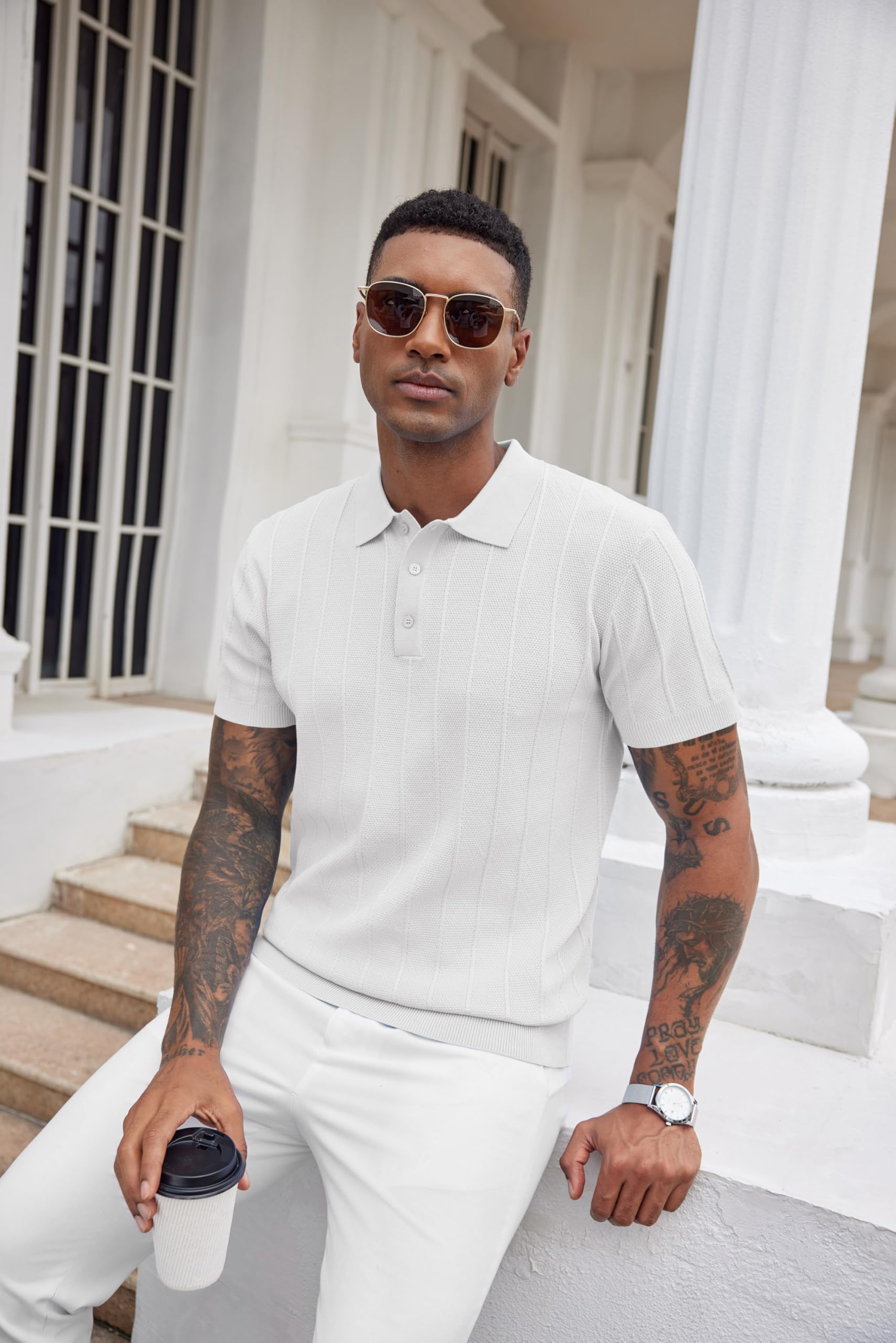 COOFANDY Polo en tricot à manches courtes côtelé texturé pour homme - Léger et décontracté - Col