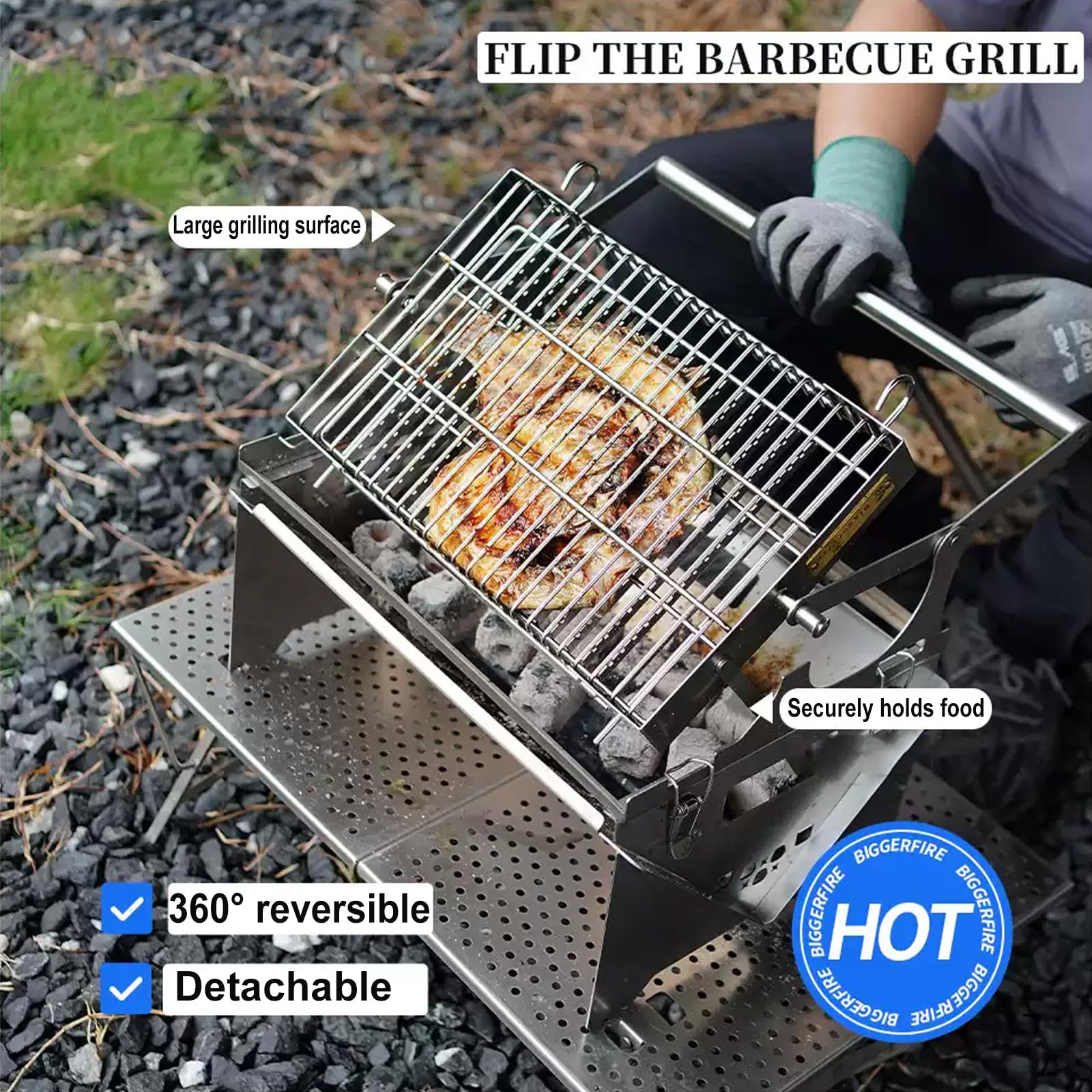 Griglia a carbone con vassoio rimovibile e telaio regolabile per picnic, barbecue da giardino e cucina all'aperto, versatile e facile da usare