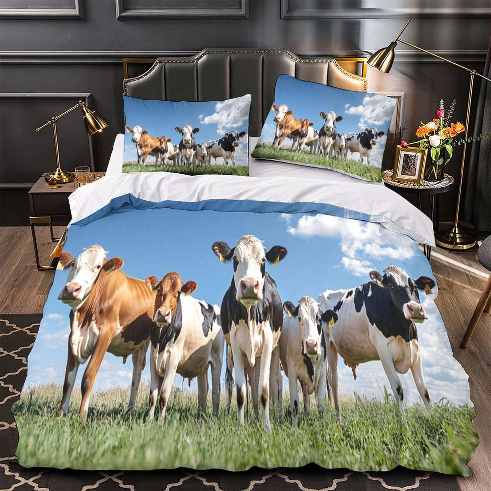 Parure de lit vache 200x200 avec housse de couette microfibre et fermeture éclair intégrée