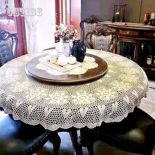 USTIDE Mantel redondo de ganchillo de 70 pulgadas, superposiciones de mesa de encaje de algodón beige hecho a mano con diseño floral de ganchillo
