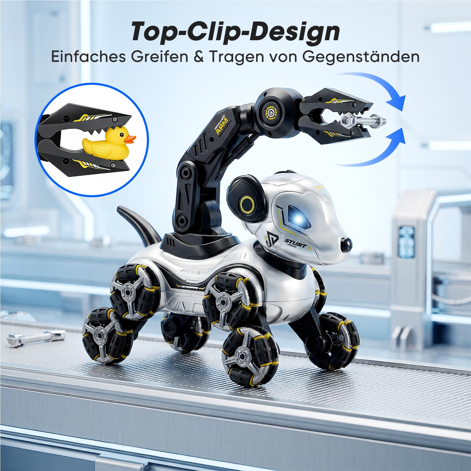 Roboter Hund Kinder – Interaktiver RC Roboterhund mit Gestensteuerung Uhr, Greifarm, 8-Rad Stunts, Licht & Musik, Programmierung, Doppelakku - Robot Dog für Mädchen Jungen 3-12 Jahre