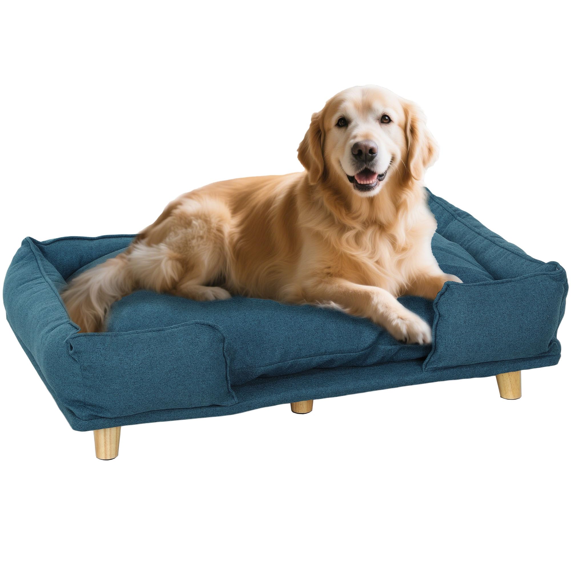 PawHut hondenbank, huisdierenbank met kussen, hondenbed met verhoogd ontwerp, kattenbank, hondensofa, hondenstoel met houten poten, polyester, donkerblauw, 96 x 66 x 24 cm