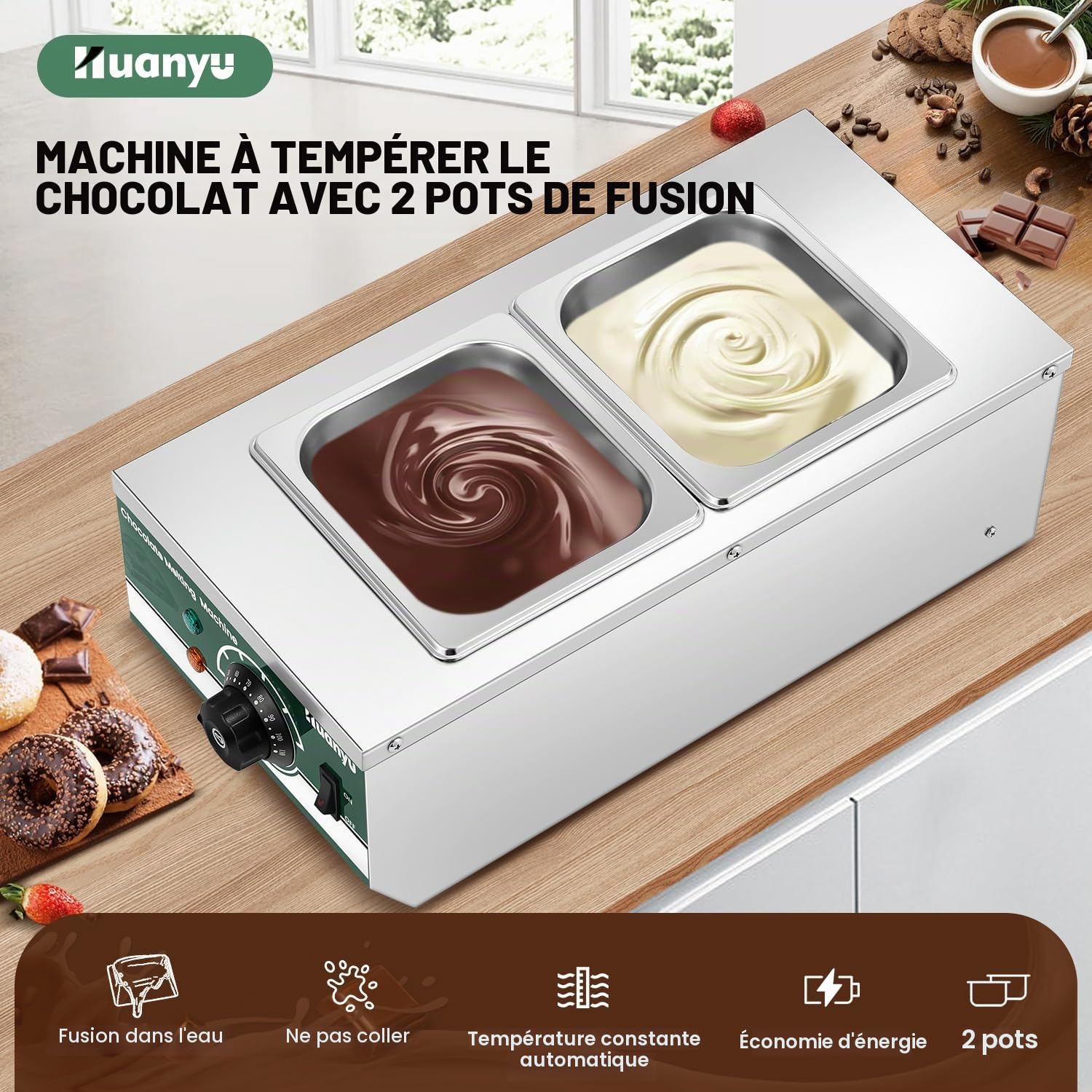 Huanyu Tempéreuse à chocolat avec 2 pots 30℃-110℃ Machine à fondre le chocolat Fondoir à chocolat commercial 800W Pot de fusion de chocolat chauffant à l'eau