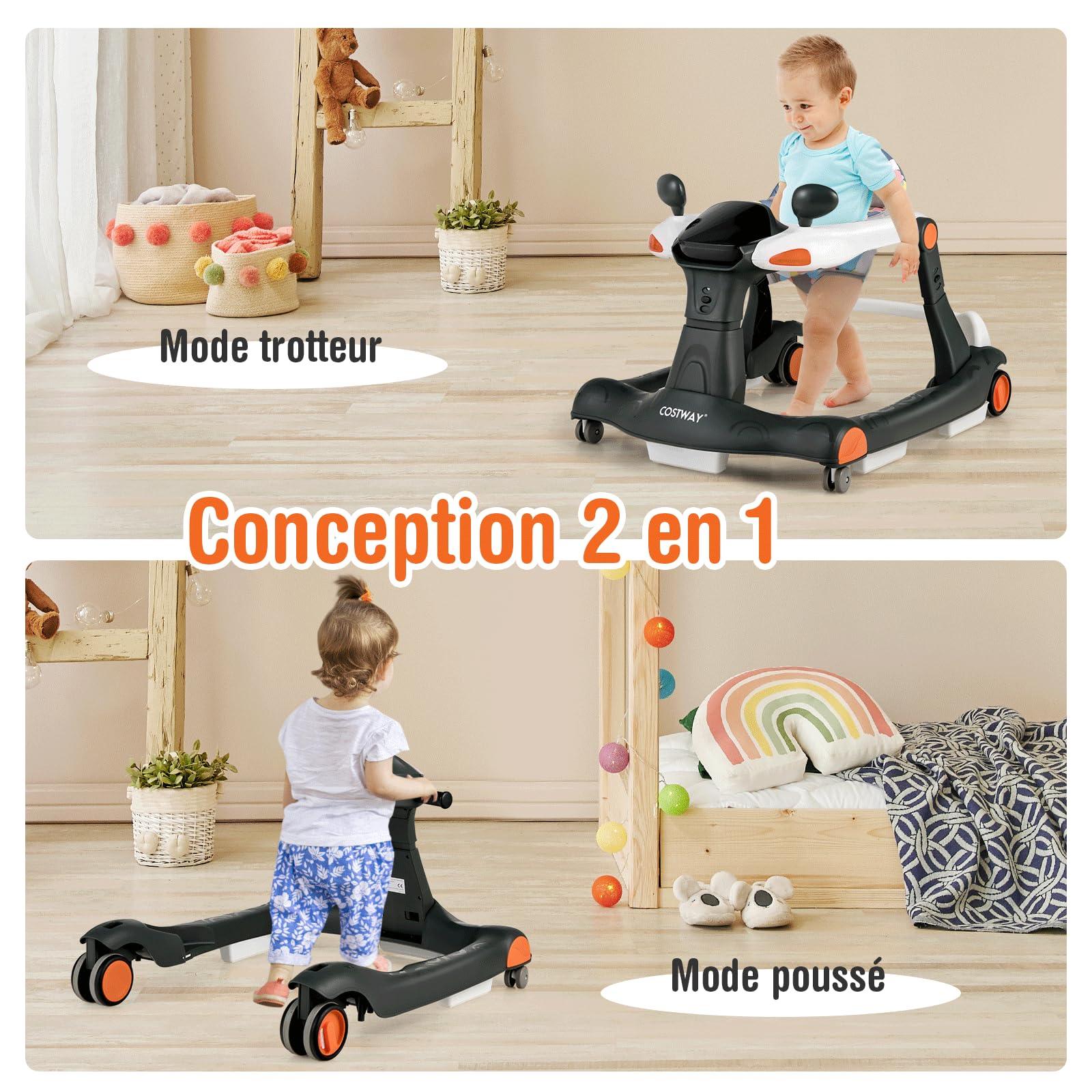 GOPLUS Trotteur Bébé Fille Garçon 6-18 Mois, Trotteur Marche Bébé Evolutif 2 en 1, Pousseur Pliable avec Lumière et Musique, Hauteur Réglable en 3 Positions, Coussin Amovible, Charge15KG (Noir)