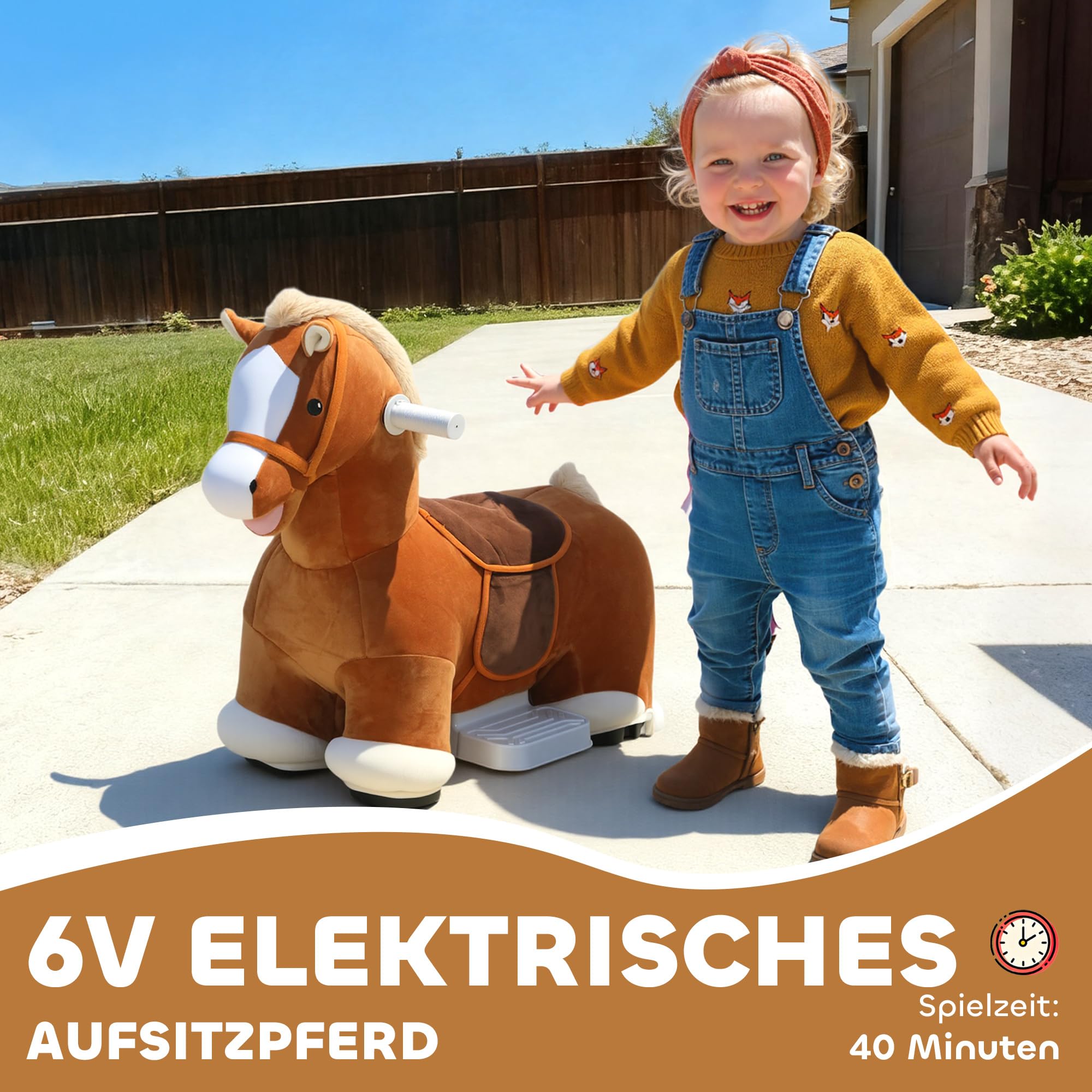 AIYAPLAY auto elektryczne dla dzieci koń 6V z muzyką 1,5-5 lat brązowy | Pedał nożny, miękkie siedzisko, ciche koła z ekoskóry, ruch do przodu, pojazd dla dzieci, elektryczny koń