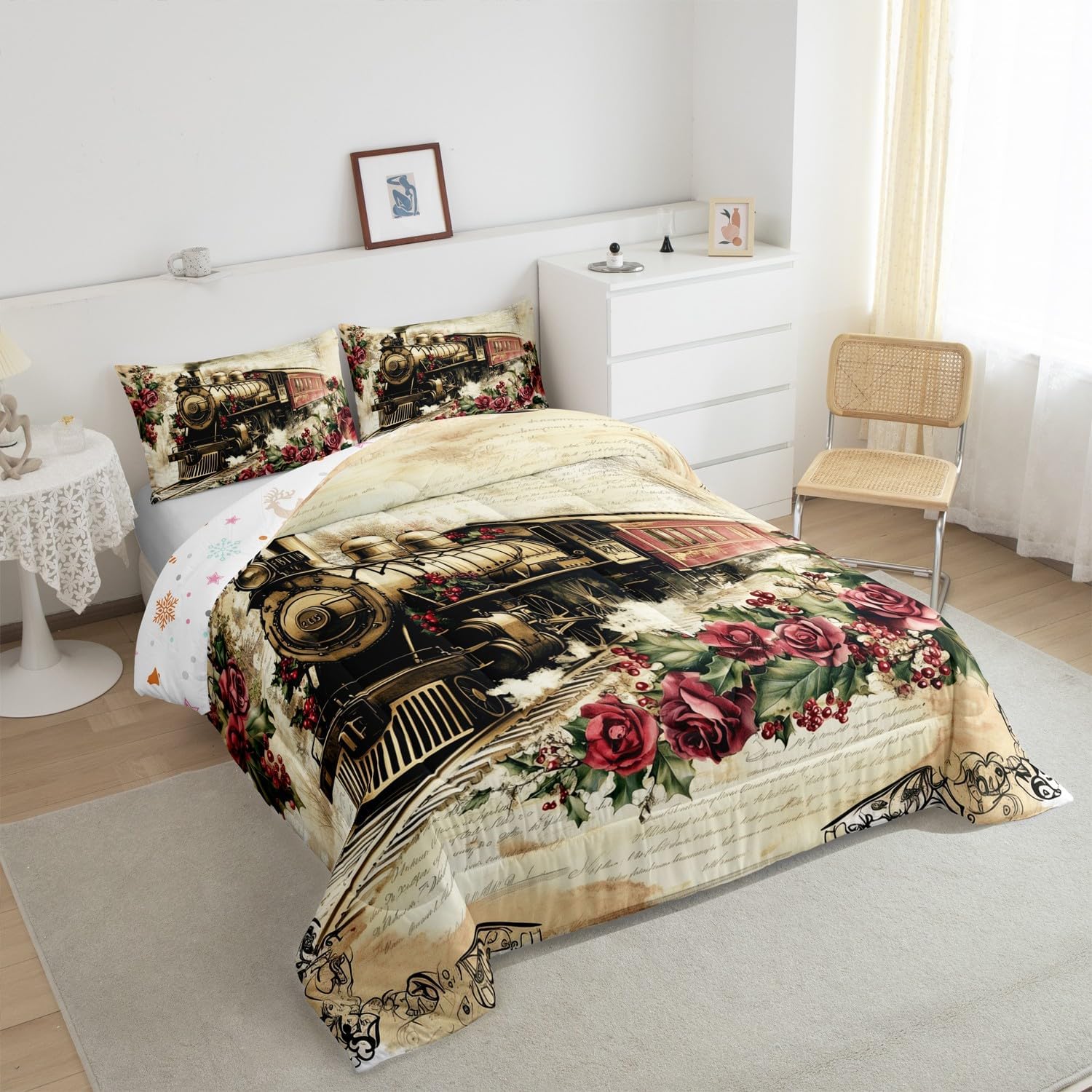 Manfei Steam Train Comforter Set Queen Size,Christmas Train Red Roses Retro Flowers Bedding Set for Teens Adults,Vintage Brown Old Newspaper Style Down Comforter,3 Pcs 2 Pillowcases