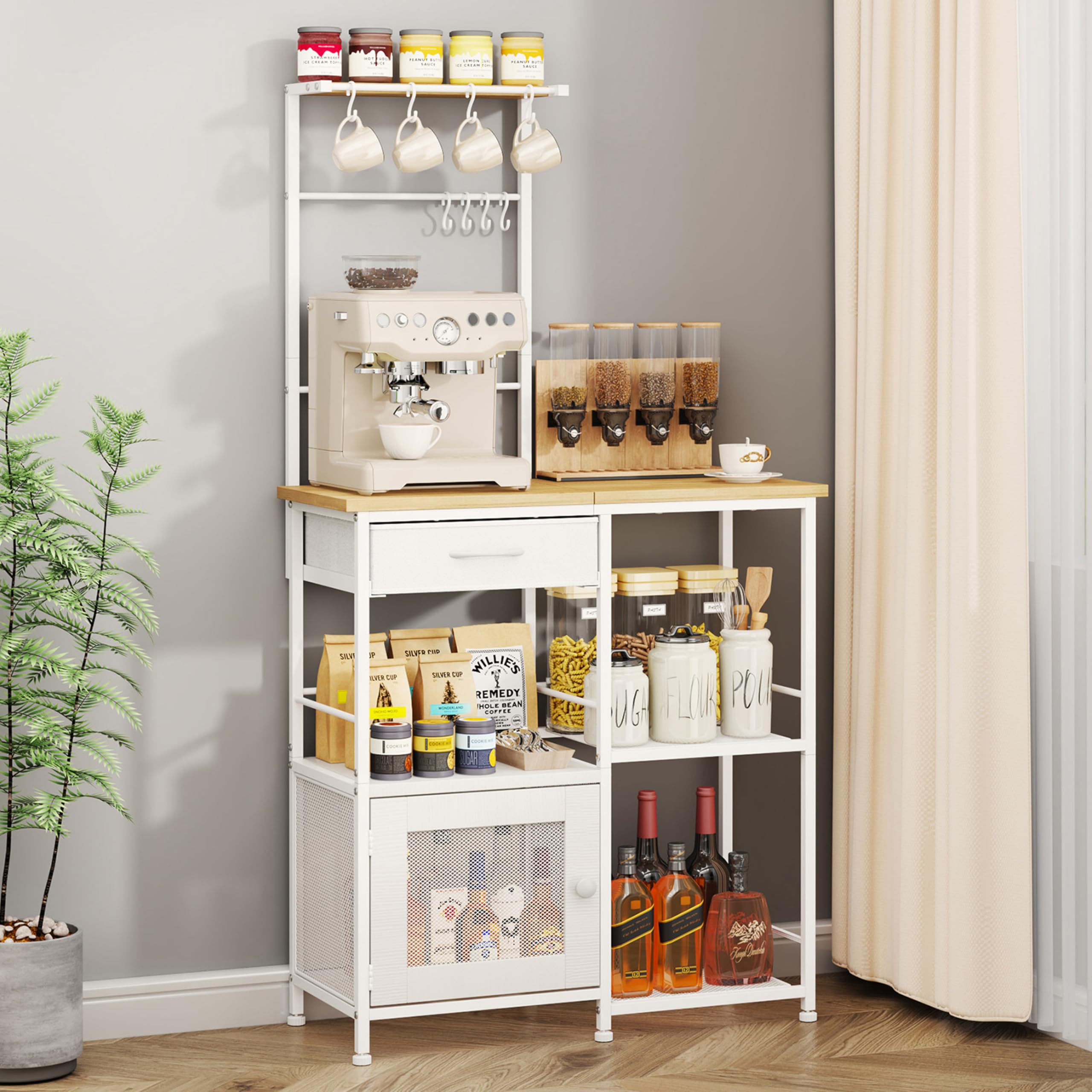 SWTYMIKI Coffee Bar with Hanging Rack - Farmhouse Coffee Stand Station Multi-Purpose Buffet Sideboard Cabinet with Drawers - Kitchen Bar Table for Living Room, Corner, Small Space, Natural