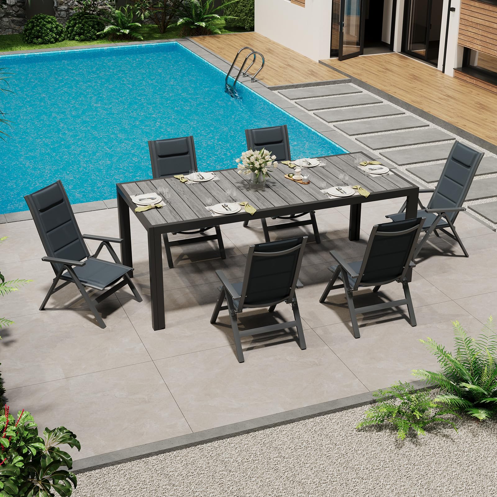 TRIUMPHKEY Aluminium Gartenmöbel 6+1, Gartenmöbel Set mit 1 189 cm PS Gartentisch und 6 klappstuhl, mit Verstellbarer Rückenlehne, Wetterfeste Terrassenmöbel, für Garten Terrasse Balkon, Dunkelgrau