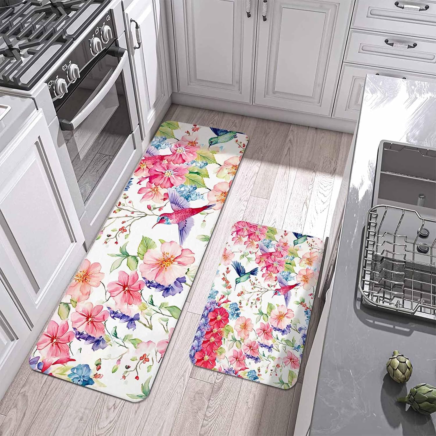 Prime Leader Watercolor Colorful Kitchen Mat Set 2 Pieces Hummingbird Flowers Pastoral Plant Non Slip Kitchen Rugs Washable Runner Rug Mats for Sink Laundry (23.6" x 35.4"+23.6" x 70.9")