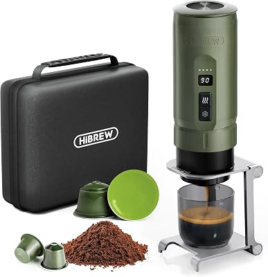 HIBREW H4C Explorer – Cafetière Espresso Électrique Portable, Machine à Café Rechargeable USB-C pour Camping et Voyages, Compacte pour Capsules et Café Moulu, avec Support Pliable et Étui de Transport