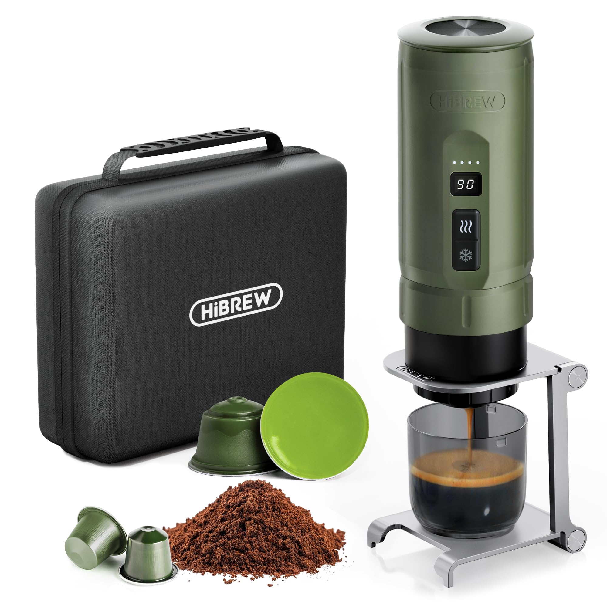 HIBREW H4C Explorer - Cafetera Espresso Eléctrica Portátil, Recargable Por USB-C Para Camping Y Viajes, Compacta Para Cápsulas Y Café Molido, Con Soporte Plegable Y Estuche De Transporte (Verde)