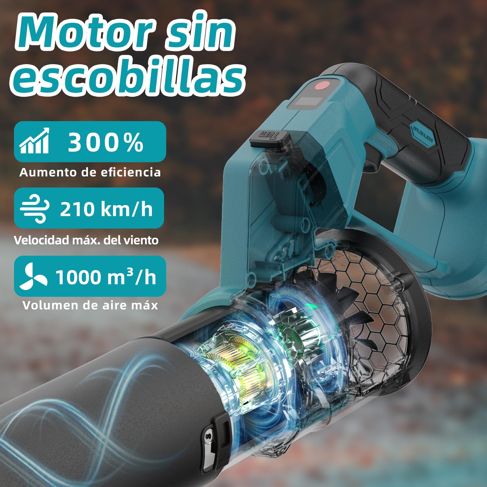 Batería soplador de Hojas, 2 en 1, sin escobillas, con 3 Marchas, máx. 900000 RPM, Volumen de Aire 1000 m³/h, Modo Vertical y Horizontal, para jardín, Hojas (Batería no incluida