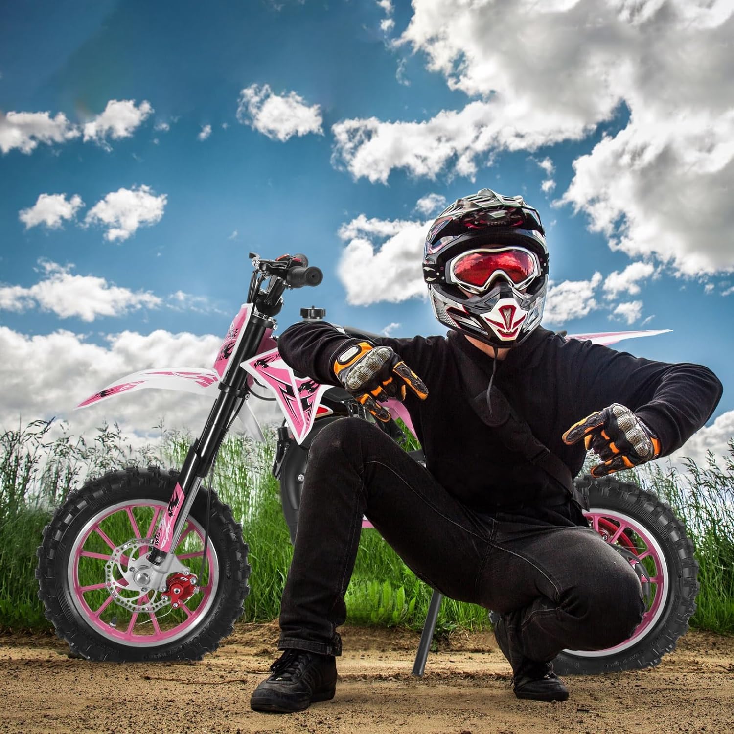 49cc Kids Dirt Bike, 2-Stroke Gas Power Motocross Off-Road Tires Shock Dirt Bike for Kids & Adults Gas Dirt Bikes Off Road Mini Motorcycle,Pocket Motorbike with Front Rear Disc Brakes Pink