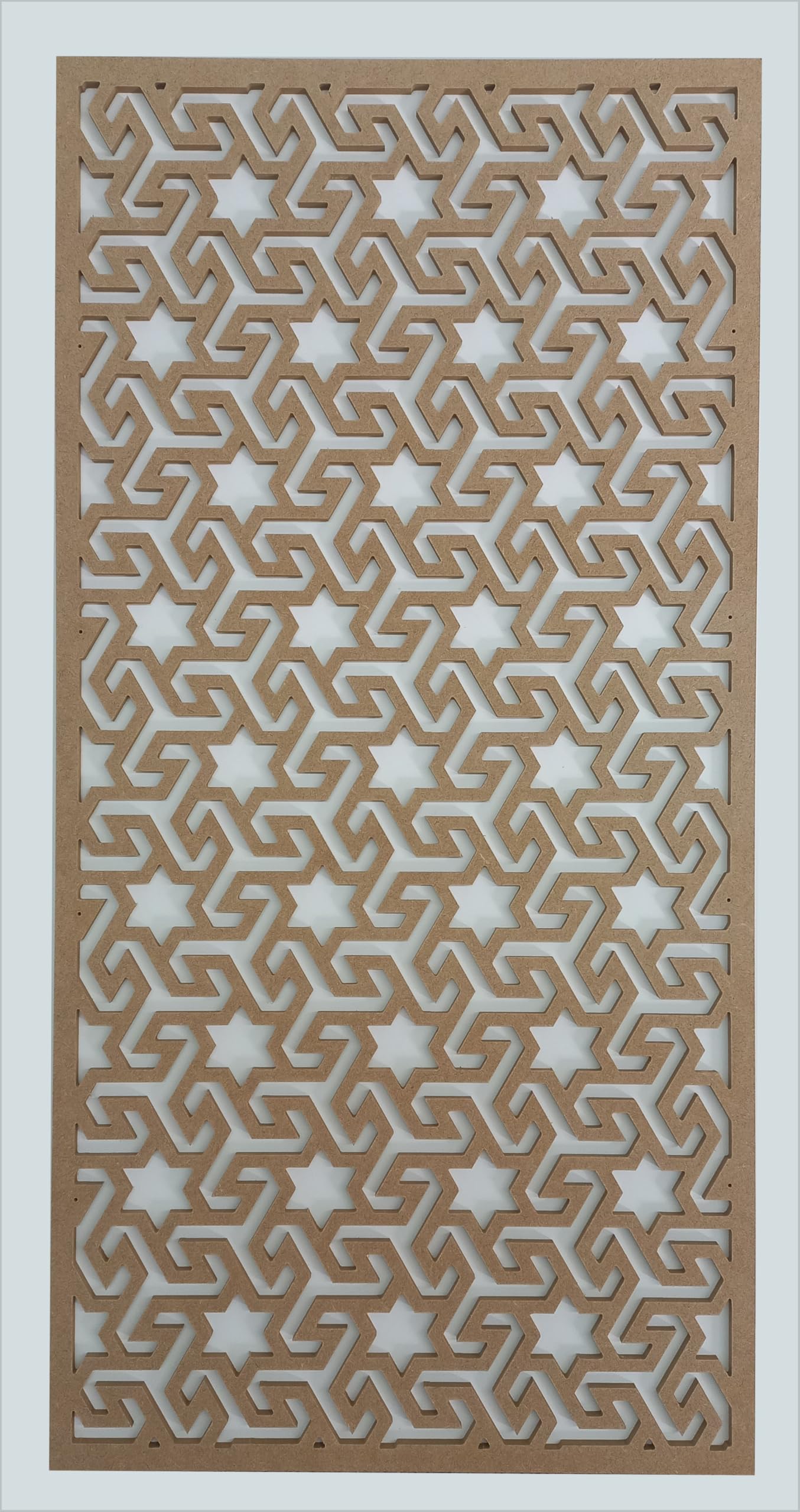 Celosía árabe decorativa de pared de 120x60 en madera MDF natural con estrellas