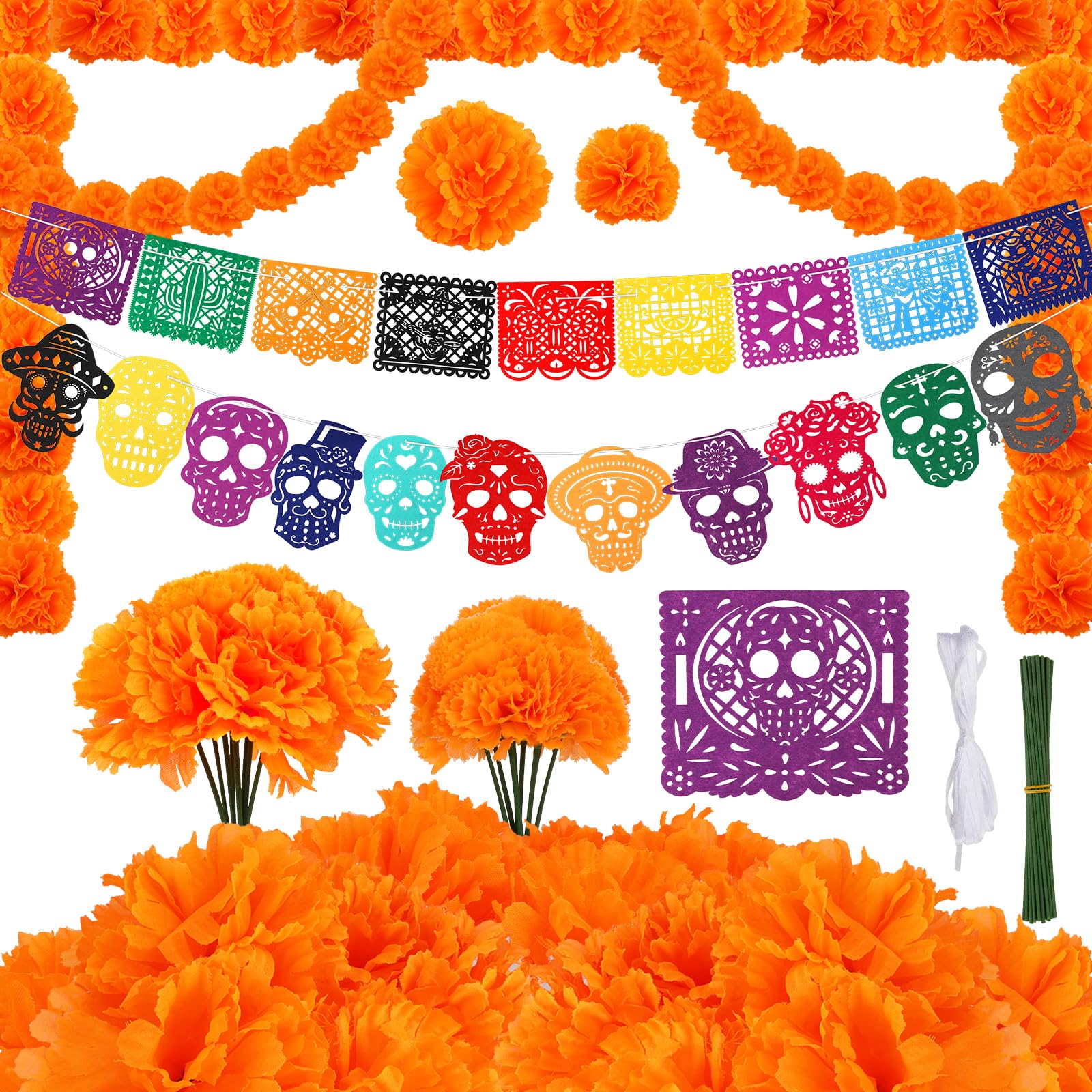 HOWAF Day of The Dead Banner Felt Mexican Banner, Artificial Marigold Flowers Decoration for Diwali, Halloween, Dia De Los Muertos, Day of The Dead Decorations, Set B — image 1