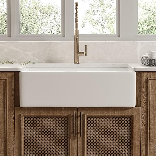 DeerValley DV-1K510 Grove 30"L x 18"W Farmhouse Kitchen Sink, Fireclay Apron Front Sink White Single Bowl Kitchen Sink with Sink Grid and Basket Strainer