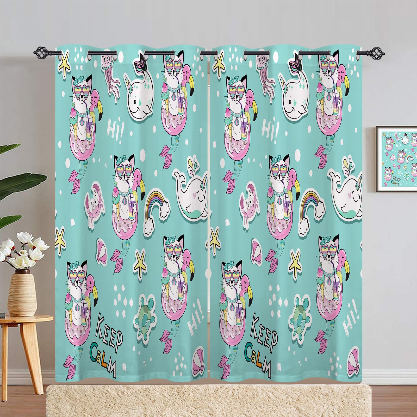 ANHOPE Cat Mermaid Curtains Eyelet 80% Blackout Room Darkening Curtains Unicorn Whale Flamingo Print Pattern Thermal Light Blocking Window Drapes for Bedroom Living Room 55 x 84 Inch Drop 2 Panels