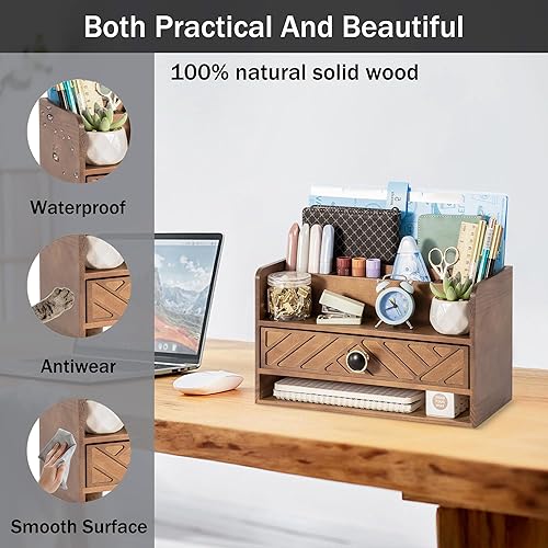 Miniatura 2 de Brown Wood Desk Organizer and Accessories with Drawer, Bill Mail Organizer and File Mail Holder for Office Supplies, Desk Accessories & Workspace