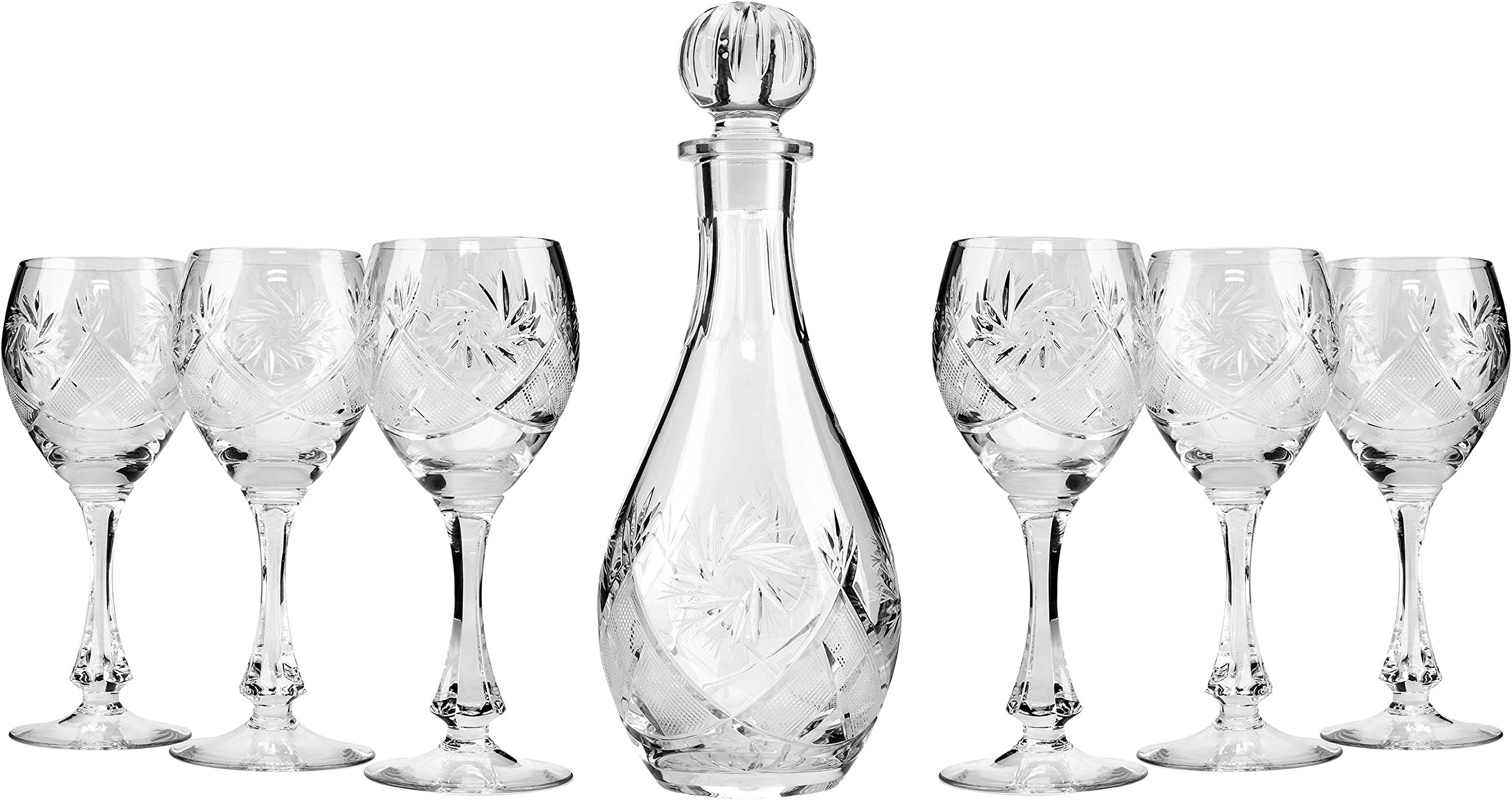 Set of 25 Oz. Crystal Decanter with Stopper and Six 10 Oz. Wine Glasses, Classic Vintage Wine Whisky Carafe and Red/White Wine Glasses, Wedding Gift Drinkware, 1+6-Piece Set