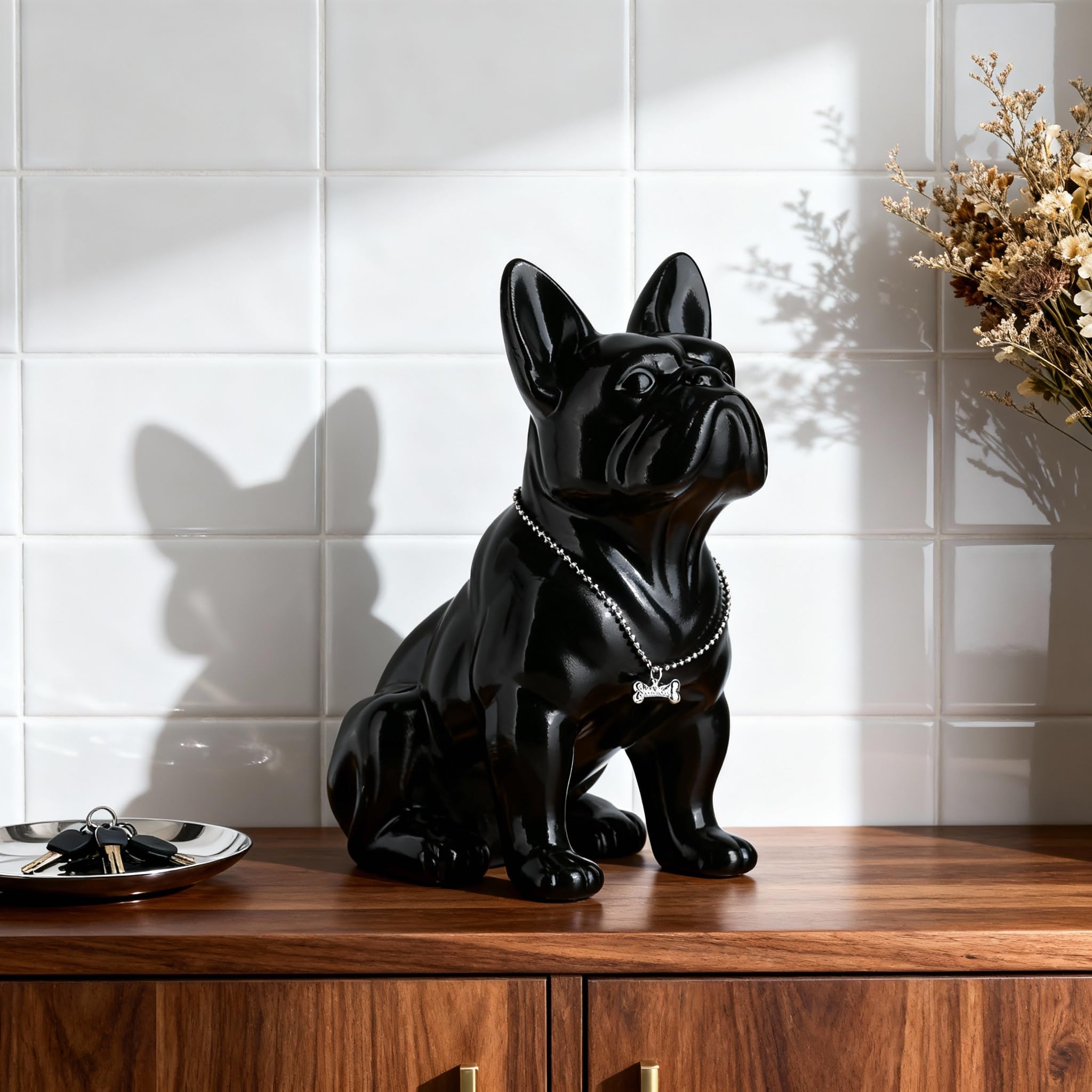 Statua di Bulldog Francese, Statua di Carlino Nero in Resina Seduto, Scultura di Bulldog Inglese per Decorazione della Casa, Decorazione per Scrivania del Soggiorno, Arte Moderna Regalo per
