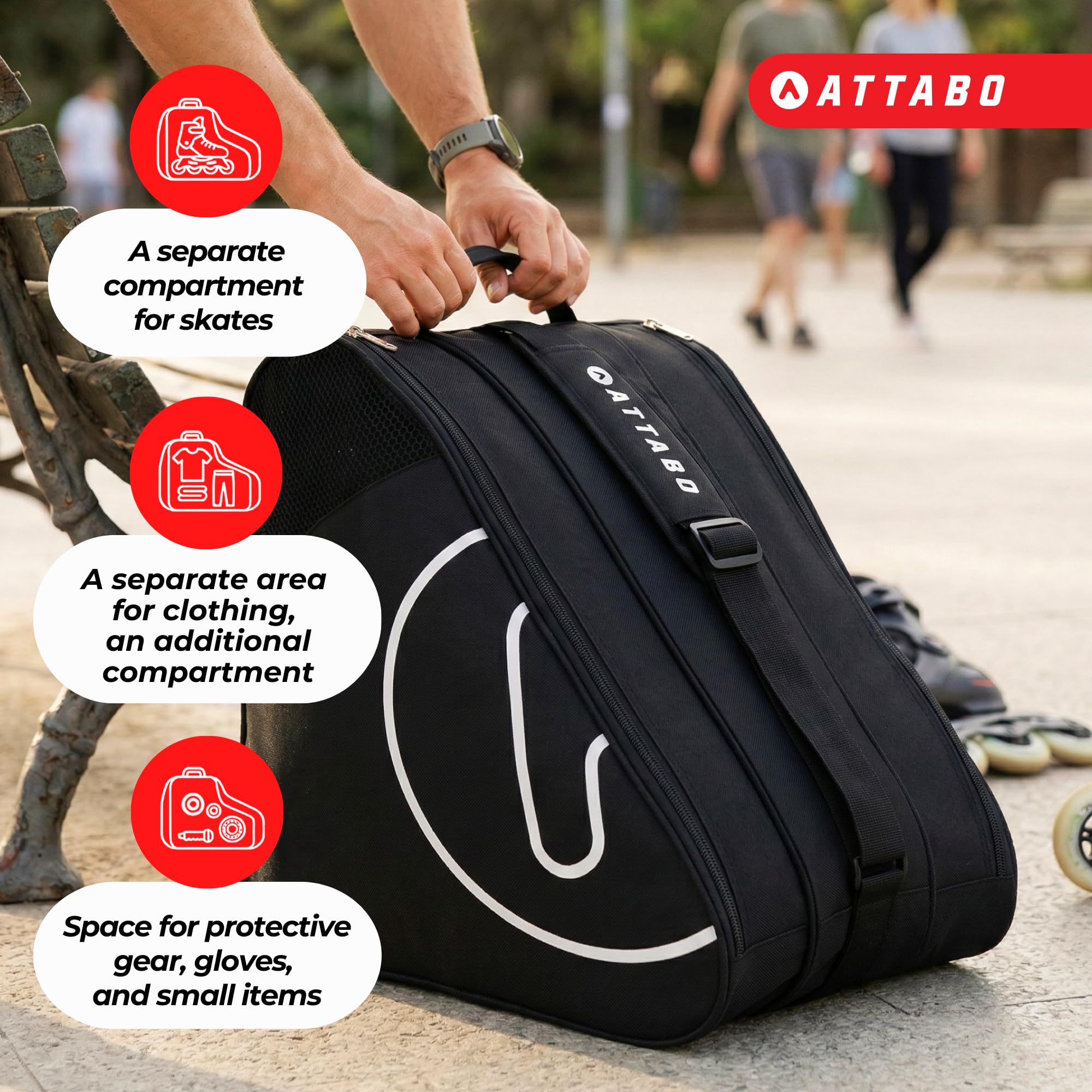 ATTABO Sako - Bolsa para Patines de Ruedas con 3 Compartimentos, poliéster y Sistema de ventilación, 38 l Grande, para Patines en línea y Patines — view 3