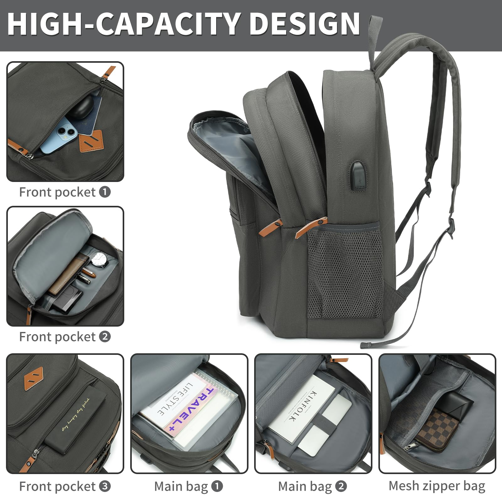 YGR Mochila de viaje para laptop para hombres y mujeres, mochila de computadora con puerto de carga USB para deportes, trabajo, universidad