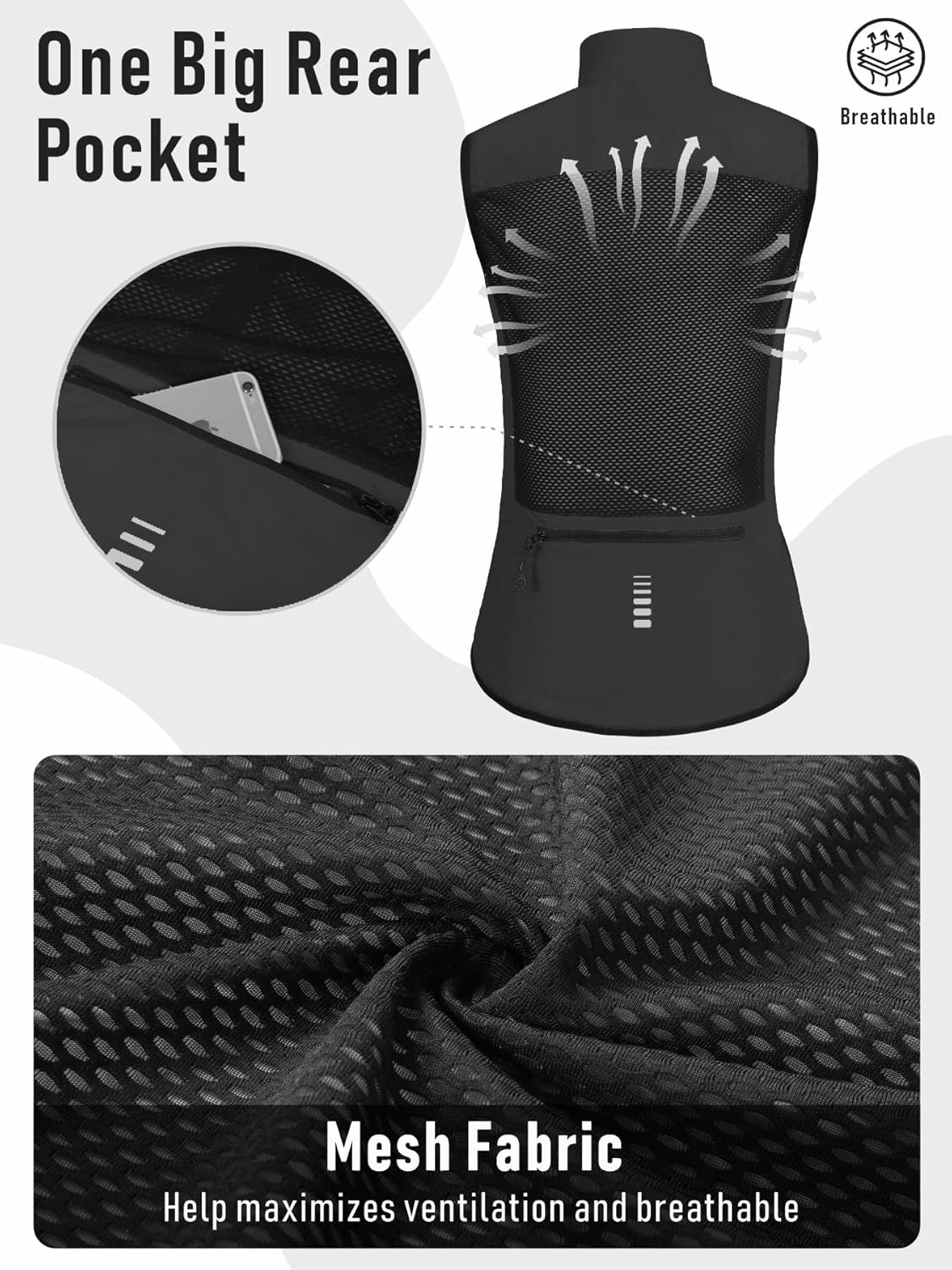 qualidyne Women's Windproof Cycling Vest, Lightweight Full-Zip Breathable Sleeveless Bike Jacket, 1 Back Pocket, Reflective - Image 4