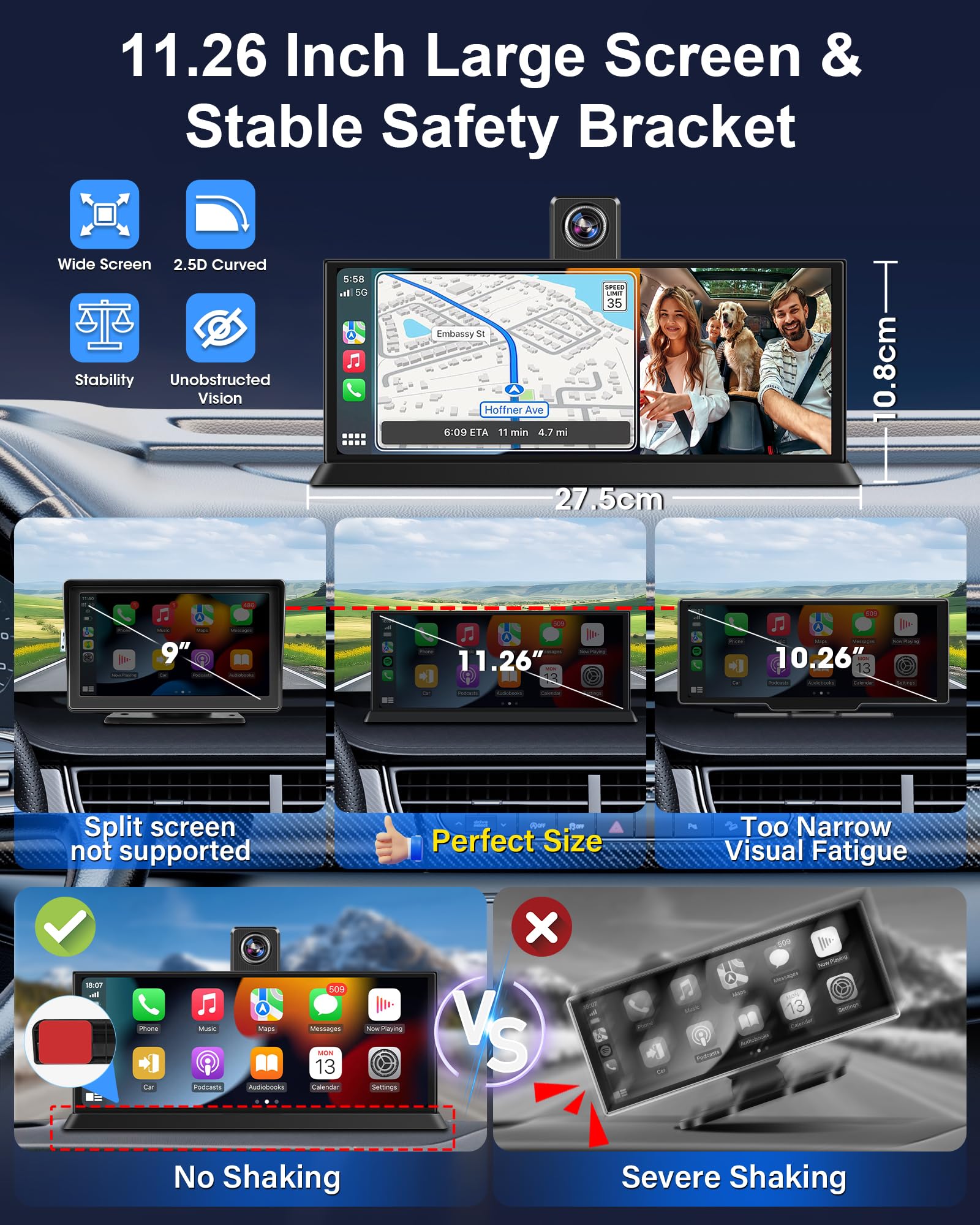 11,26" Toccare Schermo 4K Android Carplay Auto con 350°Fotocamera Anteriore | Schermo Carplay Android Auto, Car Play per Navigazione GPS G-senor Registrazione Loop