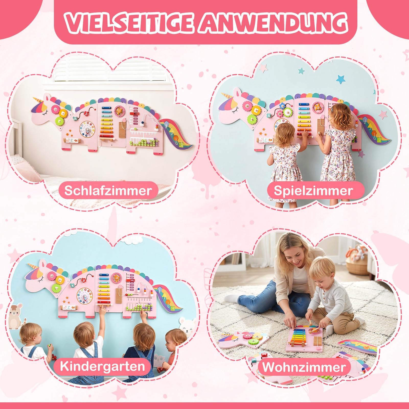 COSTWAY Montessori Busy Board, drewniana deska motoryczna 11 w 1 z ksylofonem, bloki, zegar, liczydło i części obrotowe, motoryka, zabawka Montessori, zabawka motoryczna dla dzieci od 1 roku życia