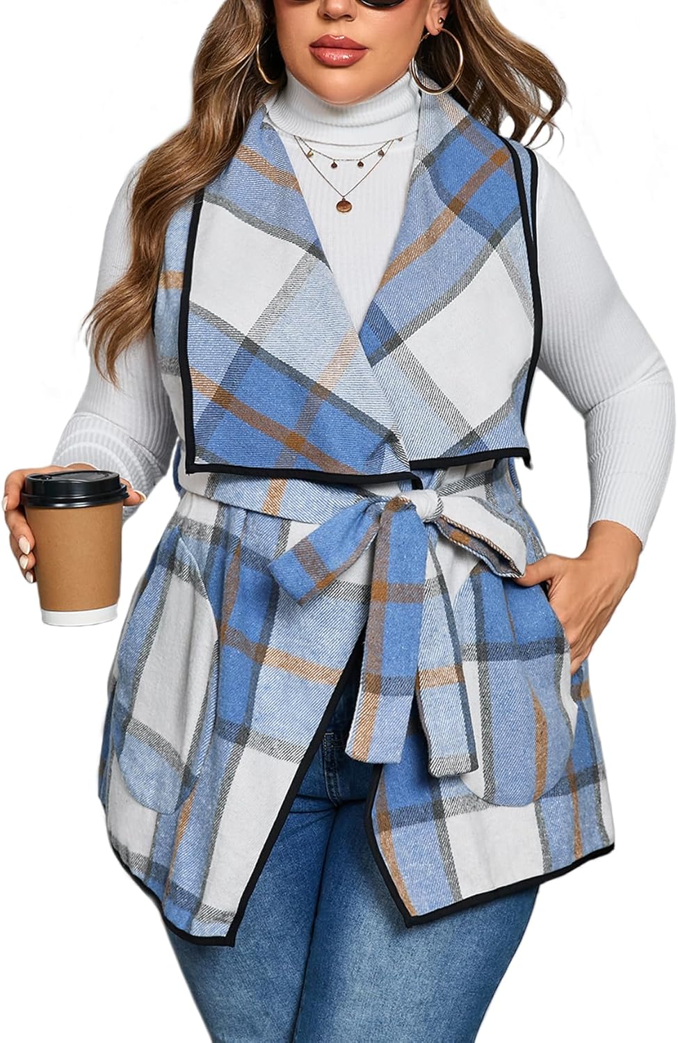 ZOMVA Women's Plus Size Plaid Long Vest Lapel Open Front Belted Sleeveless Shacket Casual Jackets Coat with Pockets Fall