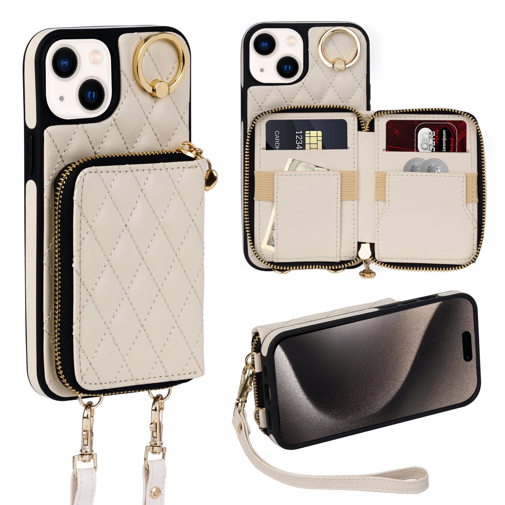 Keallce Case for iPhone 15 Plus 6.7'' Wallet Case, Crossbody Zipper Purse with Handbag Wristlet for Women, RFID Blocking Card Holders, 360° Ring