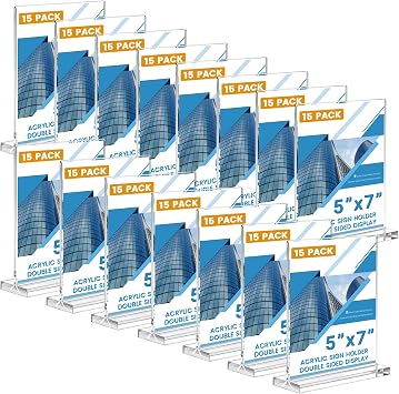 15 Pack 5x7 Inch Acrylic Sign Holder, T Shape Clear Menu Holder, Double Sided Desktop Paper Holder, TableTop Sign Holder for Reception, Office, Party Decoration, Store, Numbers Picture Frames