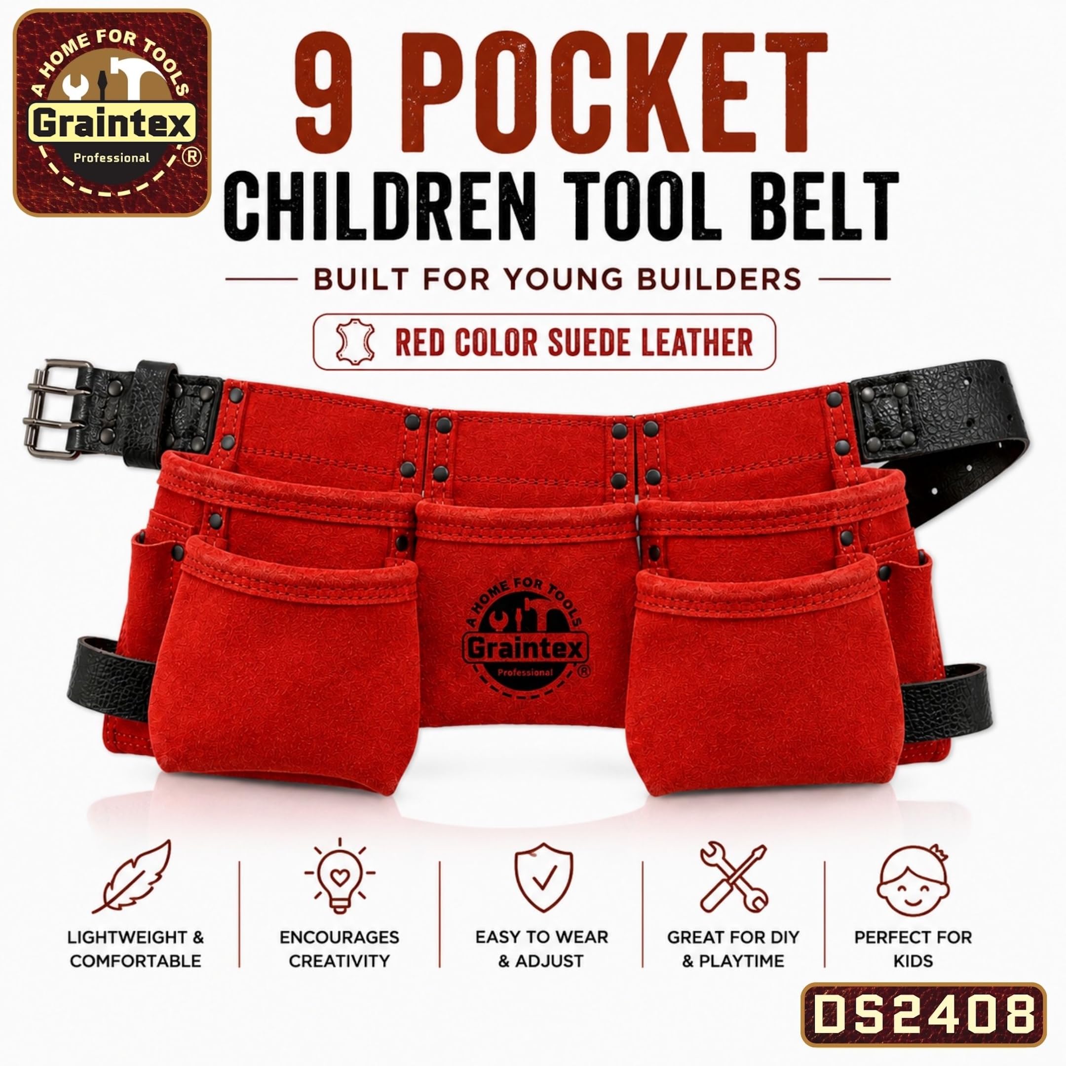 Graintex DS2408 9 bolsillo niños trabajo delantal color rojo gamuza cuero con cinturón de cuero de 1.1/2 pulgadas, 2 martillos titulares lazos