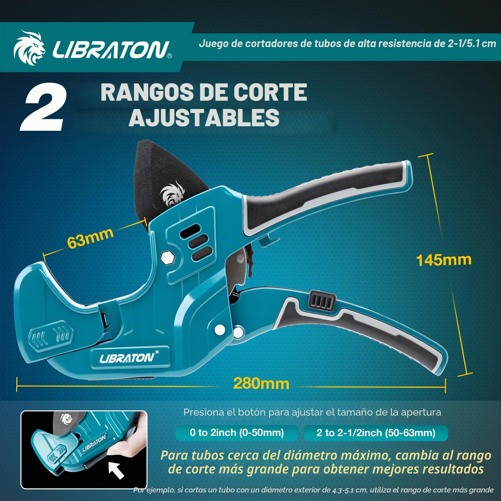Libraton Cortatubos PVC, Cortatubos Plástico 63mm, Cortatubos con Trinquete, Cuchilla Intercambiable y Herramienta Desbarbadora, para Tubos PEX, PVC, PPR, Mangueras y Tuberías Sanitarias